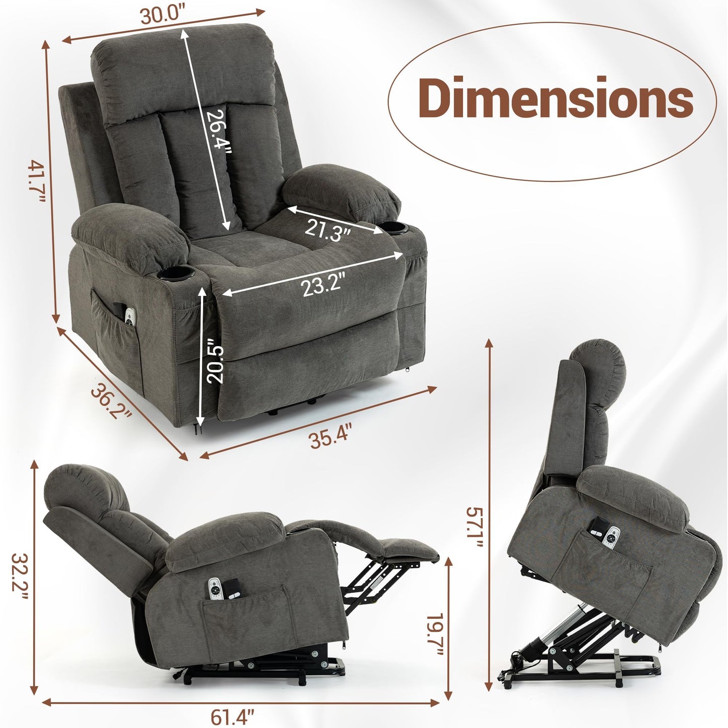 WENTUM Lift Chair for Elderly with 8 Vibration Points Massage and Heat, Power Electric Recliner Featuring Cup Holders Side Pockets & USB Charge Port for Living Room, Grey