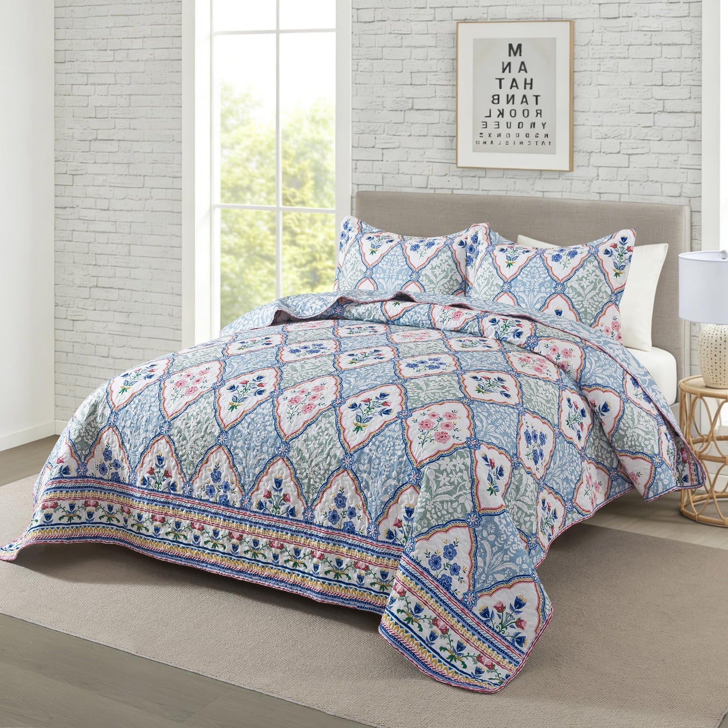 Travan 3-Piece Quilt Set Quilted Bedspread Reversible Quilted Bedding Set Garden Style Floral Printed Oversized Quilted Bedding Set with Shams for All Season, Exquisite, King Size