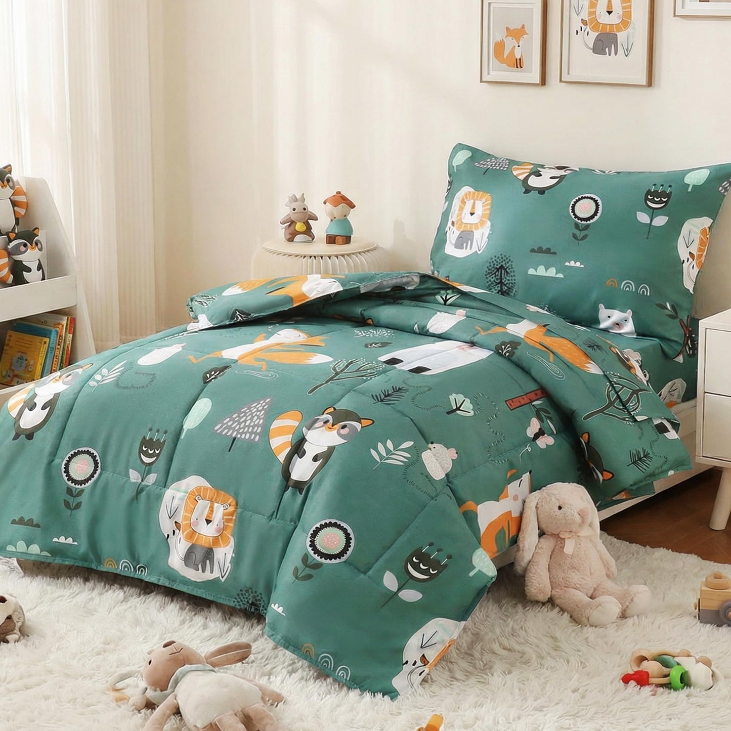 JSD Green Forest Animals Toddler Bedding Set, 4 Piece Bed-in-Bag Toddler Comforter Sheet Set, Machine Washable