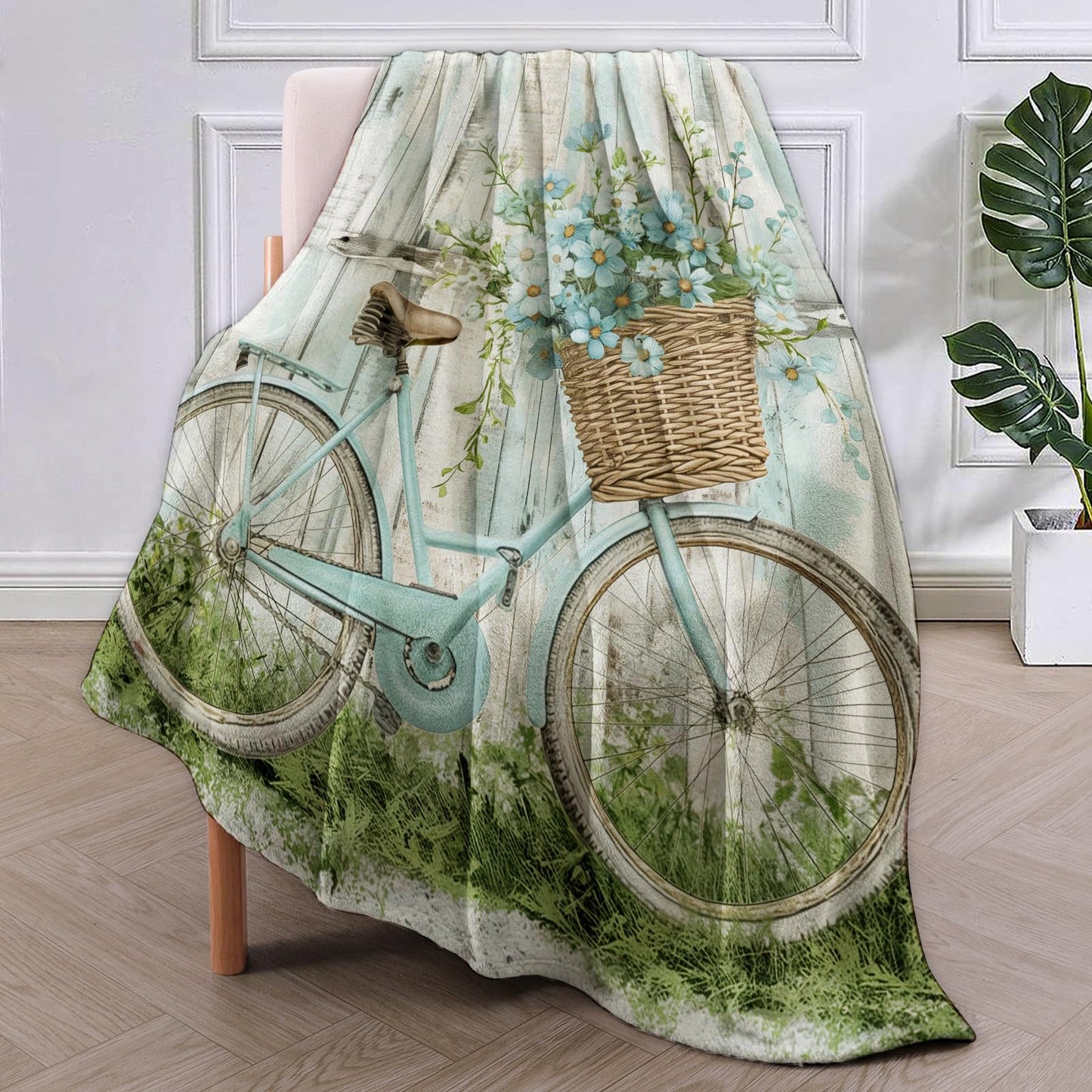 Blue Retro Bike Blanket Gifts for Women Girls Soft Warm Lightweight Cozy Plush Art Farmhouse Flower Basket Throw Blankets for Bedroom Living Room Sofa Home Decor 60"x50"