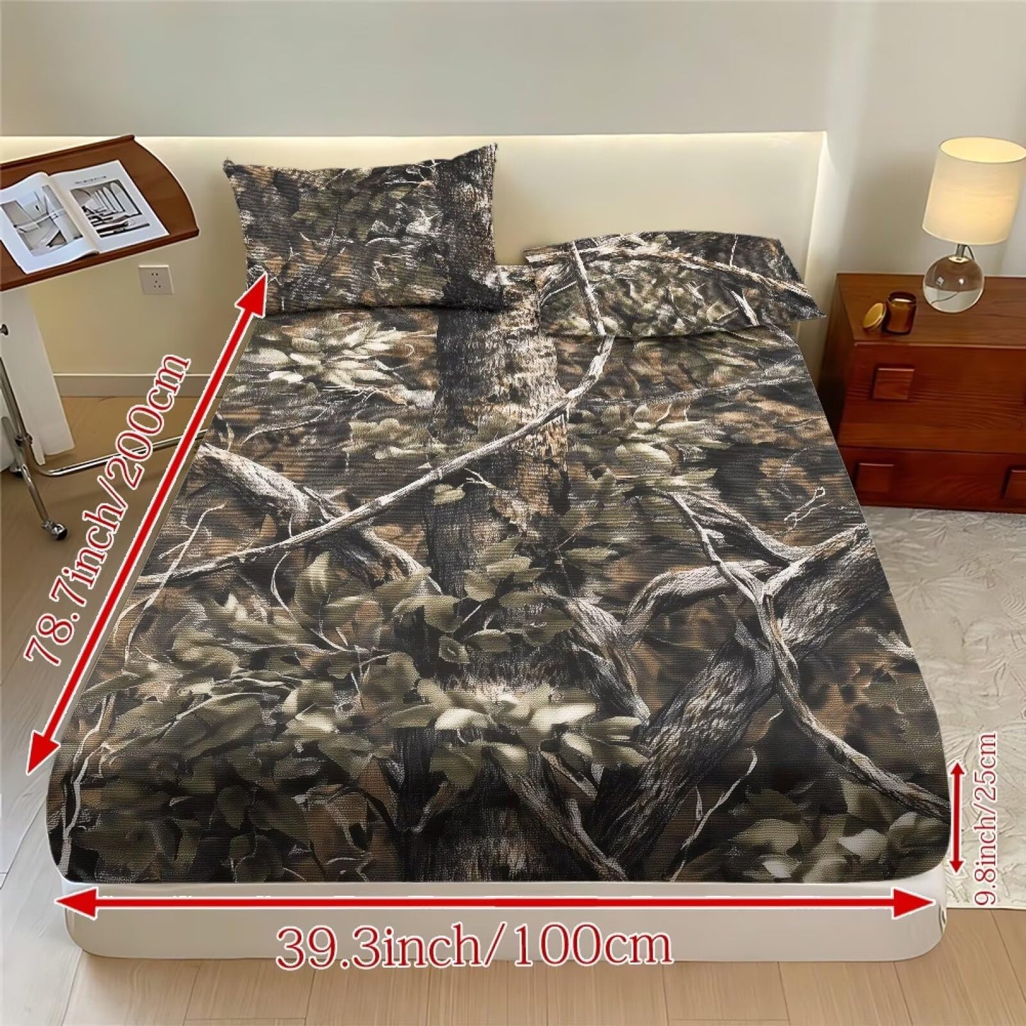ZDCUSTOM XL Size 3 Piece Sheet Set Stay in Place Fade Stain Resistant Cooling Bed Sheets with All Around Elastic Cozy Bedsheet & Pillowcases for Bedroom Decor Hunting Camo, 39" x 79"