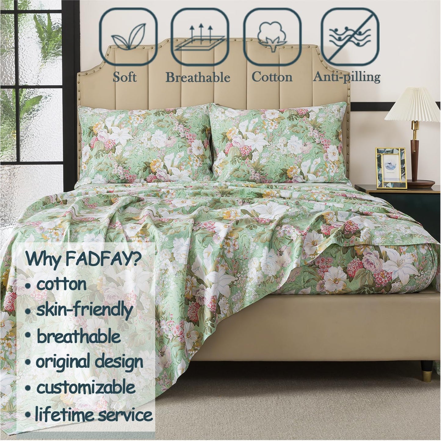 FADFAY Floral Bed Sheets Set Queen Size 100% Cotton Mint Green Botanical Sheet Sets Countryside Bedding Soft Breathable Girls Lily Flower Printed Deep Pocket Sheet 17.5 inch, 4 Pcs Queen