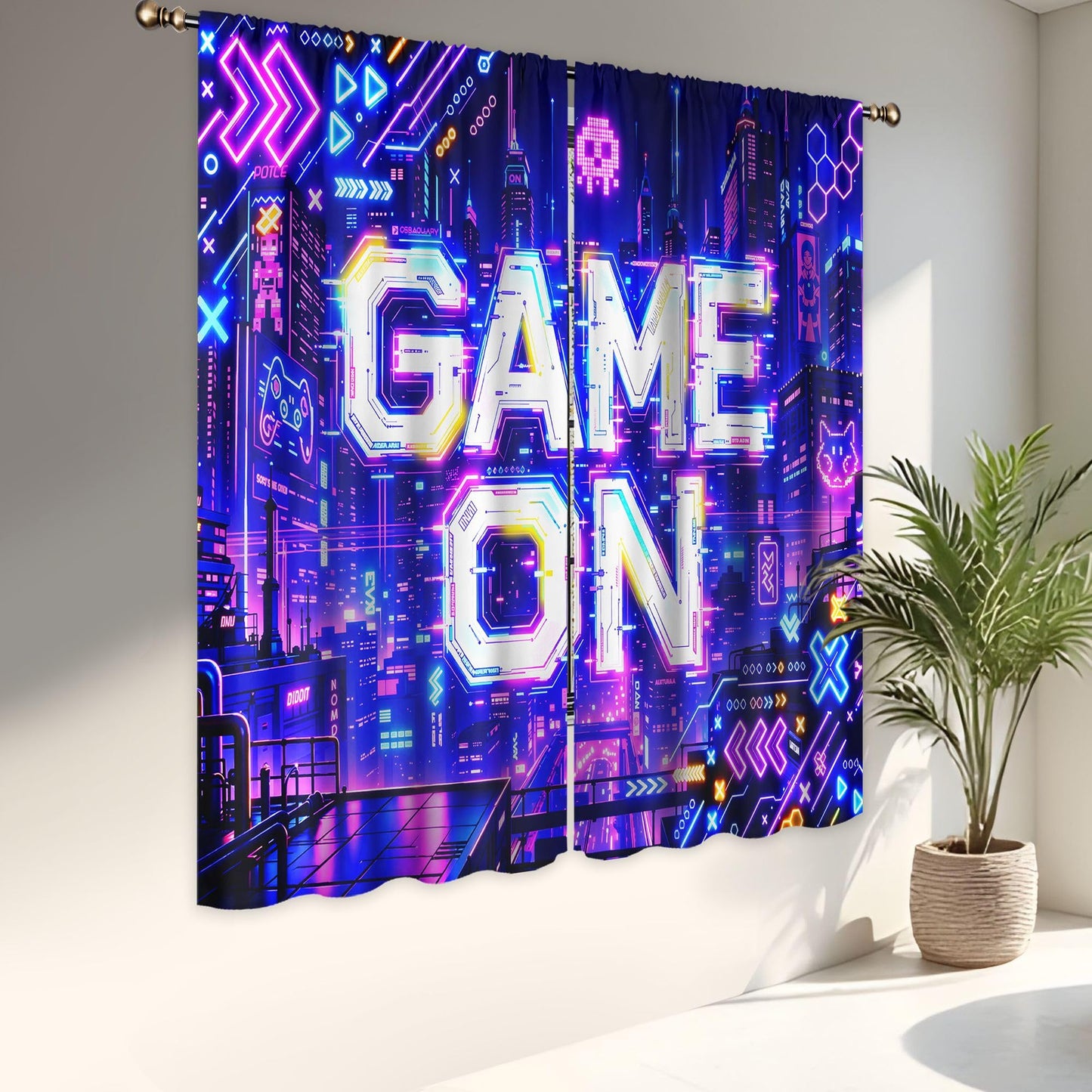 LIGHTINHOME Neon Game Curtains 42Wx63H Inch Boys Modern City Night Video Games Boys Cool Game On Urban Gaming Quotes Skulls Rod Pocket Bedroom Living Room Window Drapes Treatment Fabric 2 Panels