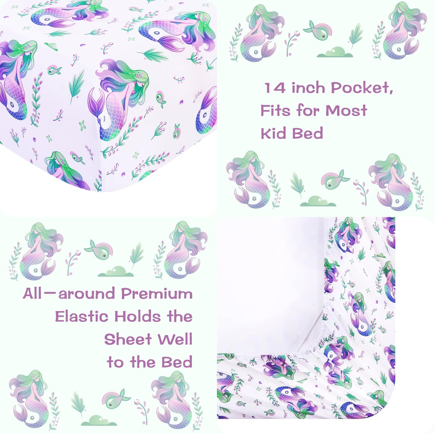 lasoftan Kids Sheet Set Twin Size, Twin Sheet Set with Mermaid Pattern，Breathable Silky Soft Microfiber Kids Fitted Sheet
