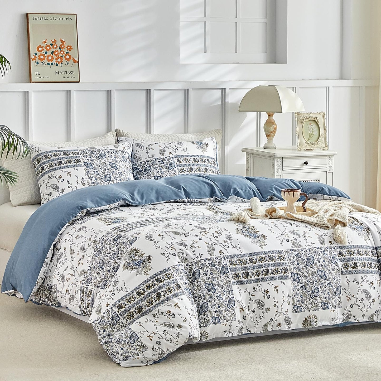 Lekesky Queen Size Duvet Cover Set, Patchwork Floral 3 Pieces Reversible Blue Paisley Duvet Cover Set, Ultra-Soft Microfiber 3 Pieces Comforter Cover with Zipper, Includes 2 Pillowcases