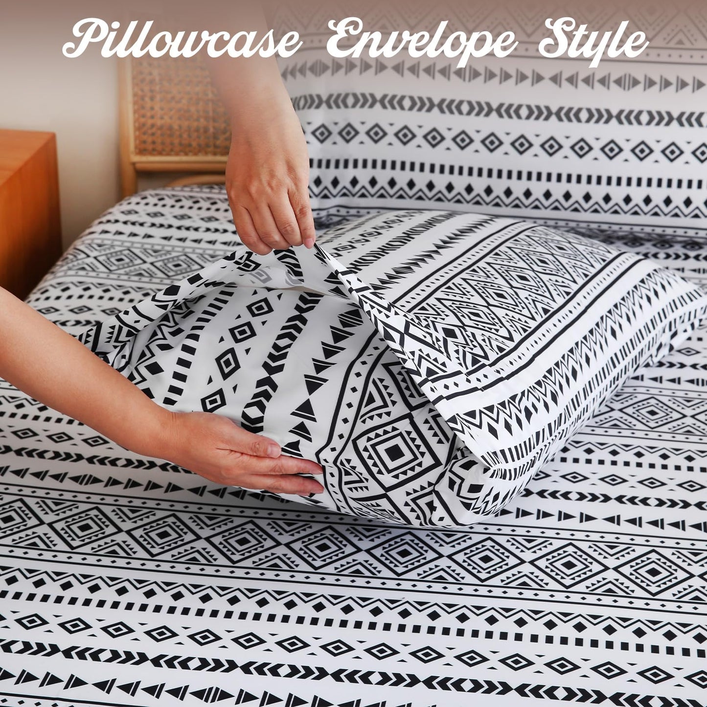 CozySmile Boho Printed Sheet Set Queen Size 4 Piece,Soft & Breathable Bedding Deep Pocket 16" Cooling Wrinkle Free Comforter Bed Set Western Sheets Geometric(Queen, Black White Geometric)