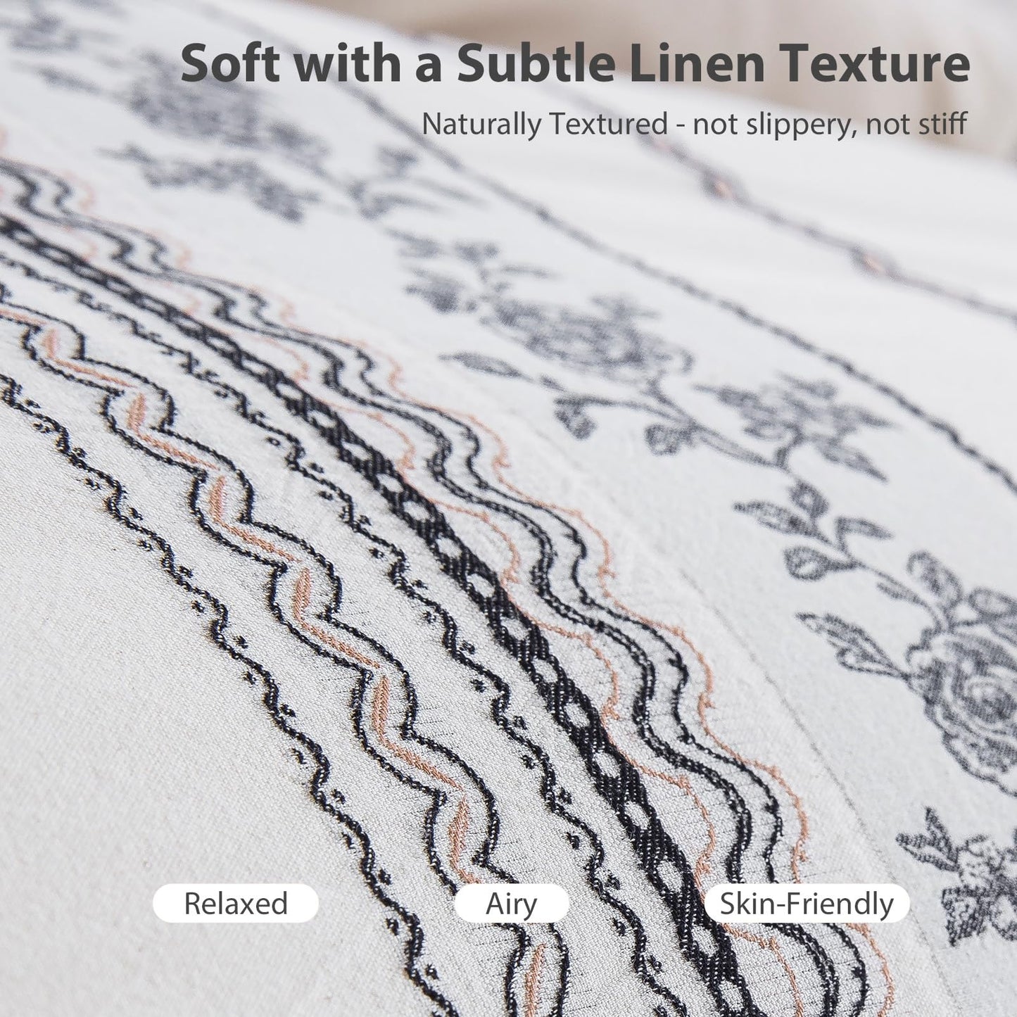 TodaFre Cotton Linen Duvet Cover King Size, Natural Rose Vine Stripe Textured Bedding Set, Cooling Moisture Wicking Breathable Linen Blend for Hot Sleepers (Off-White, 104" x 90")