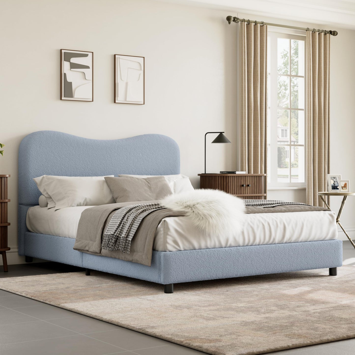 GarveeHome Boucle Full Size Bed Frame with Upholstered Headboard, Soft Low Profile Sturdy Platform Bed with Rounded Corners Design, Heavy Duty, Wooden Slats, Noise Free, No Box Spring Needed, Blue