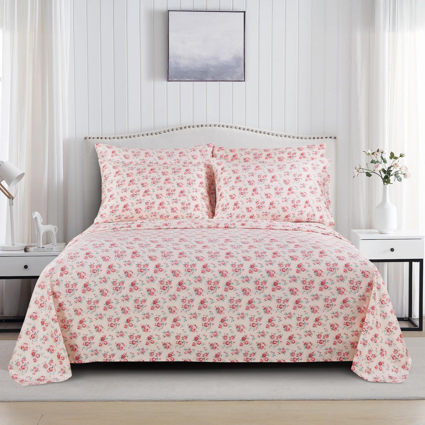Modern Threads Satin Sheets, 6-Piece Luxury Silky Soft Bed Sheet Set with Deep Pocket Fitted Sheet, 4 Pillowcases, Wrinkle Resistant, Sheet Organizer and Storage, Pink Roses, Queen