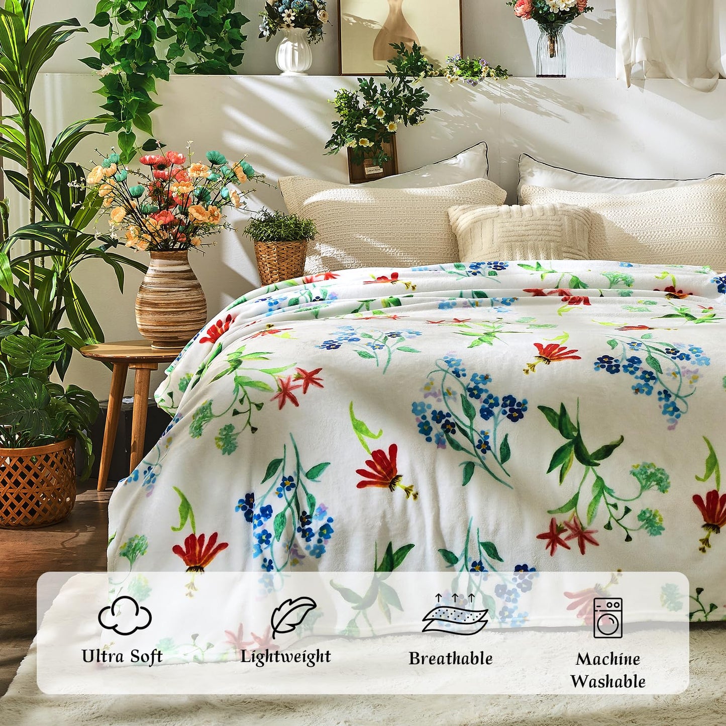 Jameswish Floral Throw Blanket Birthday Gift for Women Mom Girls Flowers Blanket Summer Wildflower Flannel Blanket Watercolor Printed Throw for Couch Sofa Bed Chair 50"x60"