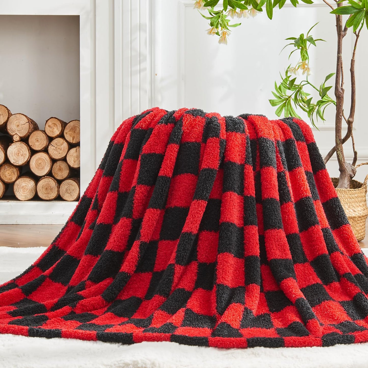 NEWCOSPLAY Knitted Red Black Checkered Blanket Super Soft Plush Throw for Couch Fuzzy Fluffy Microfiber Lightweight Blanket for Bed Sofa All Season Use (Red Black, Throw(50"x60"))