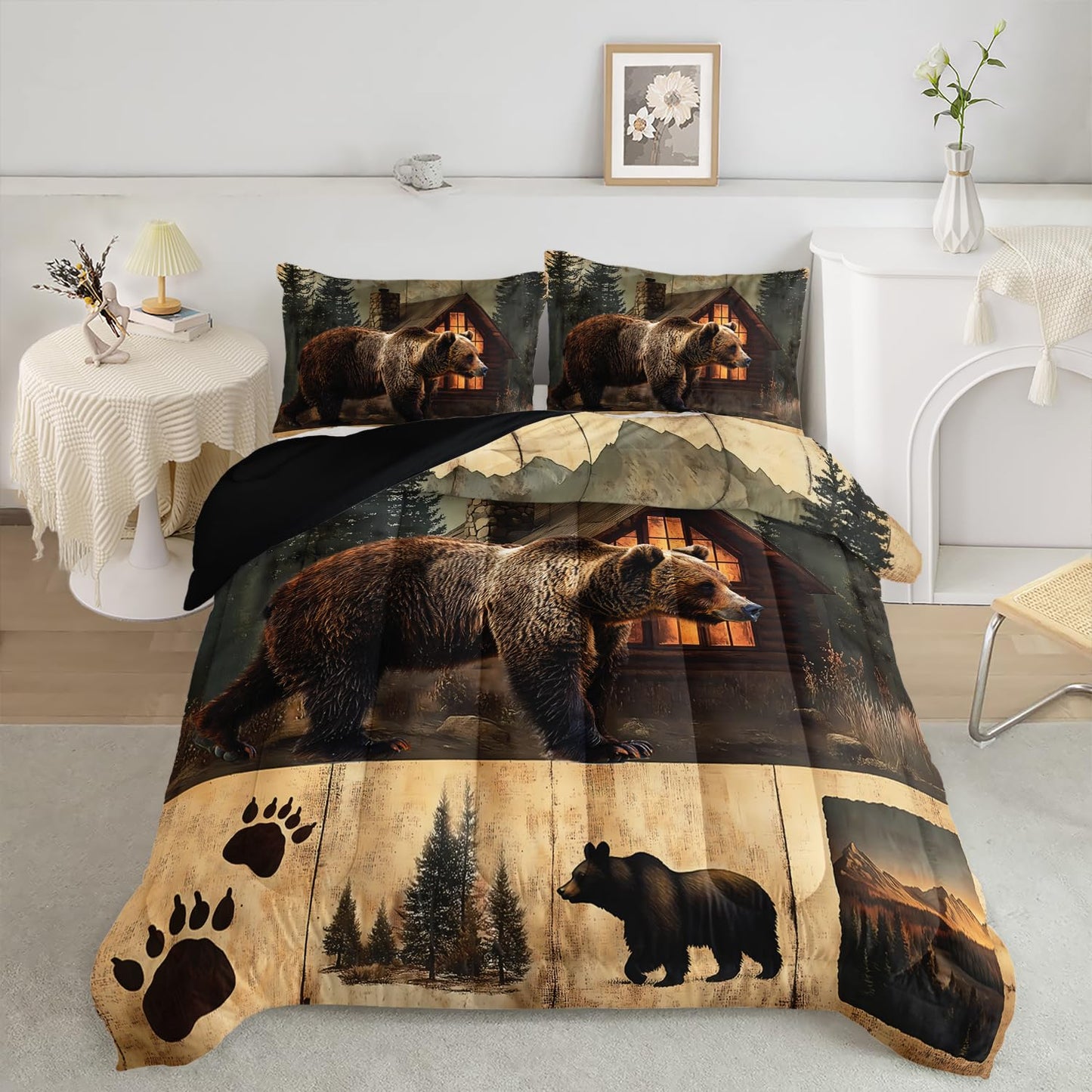 AILONEN Boys Rustic Bear Bedding Set Queen Size,Wildlife Hunting Comforter with 2 Pillowcases,3-Piece Bear Paw Printed Soft Duvet Set