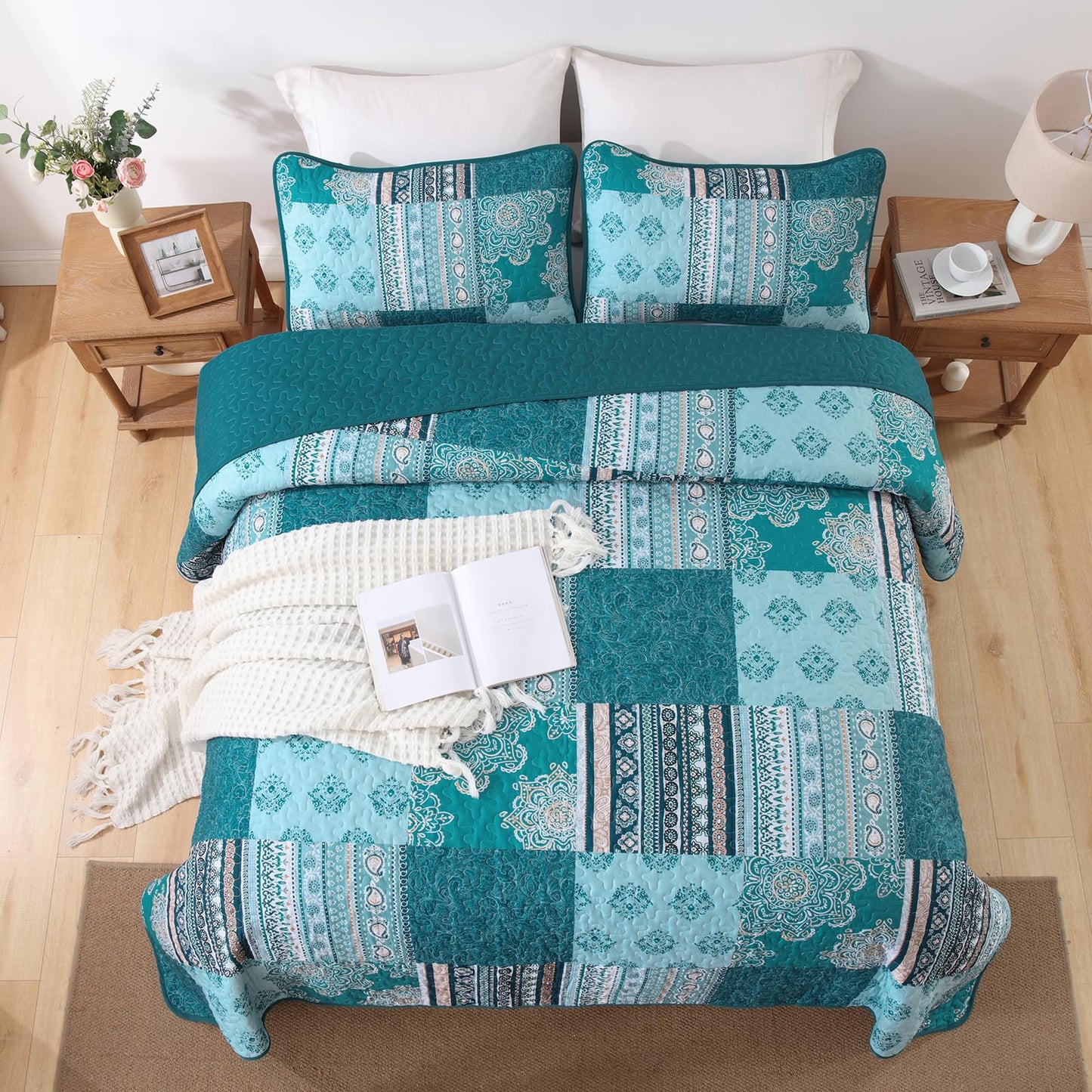 Dintszyayue Patchwork Quilt Set Queen Size,3 Pieces Teal Boho Bedspread Coverlet Set Turquoise Plaid Bohemian Quilt Bedding Set Reversible Bed Cover Soft Lightweight Coverlet Set (Queen,96"x90")