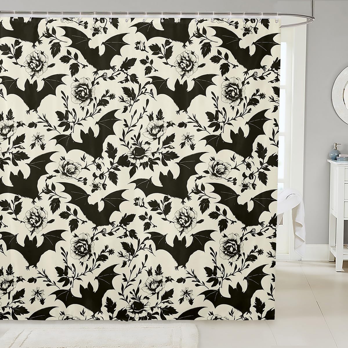 jejeloiu Happy Halloween Shower Curtain for Bathroom Decor Horror Bats Flower Bath Curtain for Bathtubs Skull Ghost Bathroom Accessories Witchcraft Waterproof Cream-Coloured with 12 Hooks 72"x78"