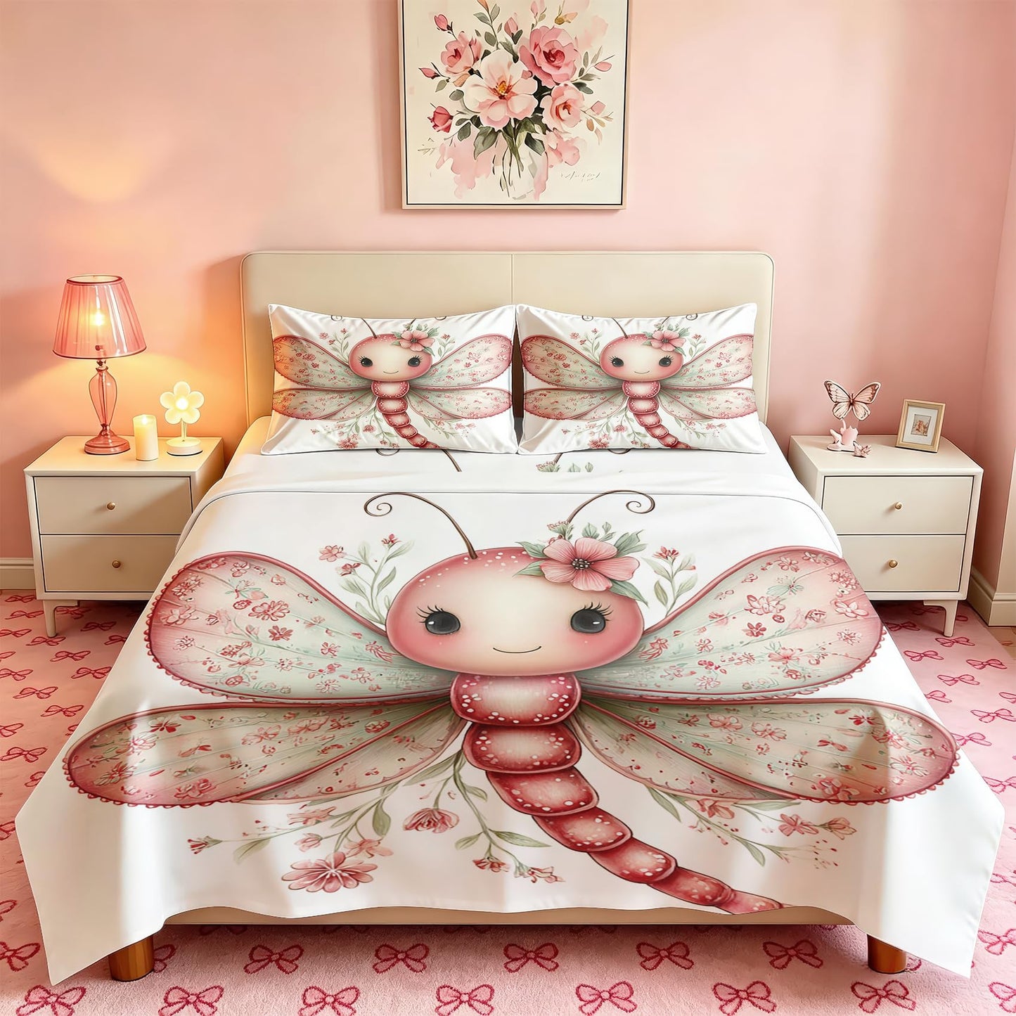 Cute Dragonfly Queen Bedding Set Girls Kawaii Sheet Sets