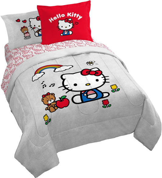 Jay Franco Sanrio Hello Kitty Queen Size Comforter Set - 7 Piece Red & Grey Bedding Includes Sheet Set & Pillow Covers - Super Soft Cozy Kawaii Bedding
