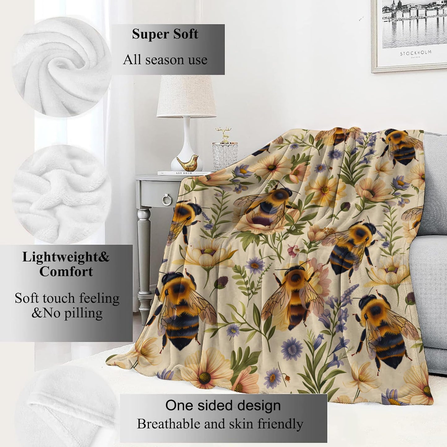 VODRM Bumblebee and Floral Blanket Bee and Wildflower Yellow Throw Blankets Gifts for Girls Boys Adults Lightweight Soft Fleece Cozy for Sofa Couch Bed Room Travel Birthday Decor 50x60in