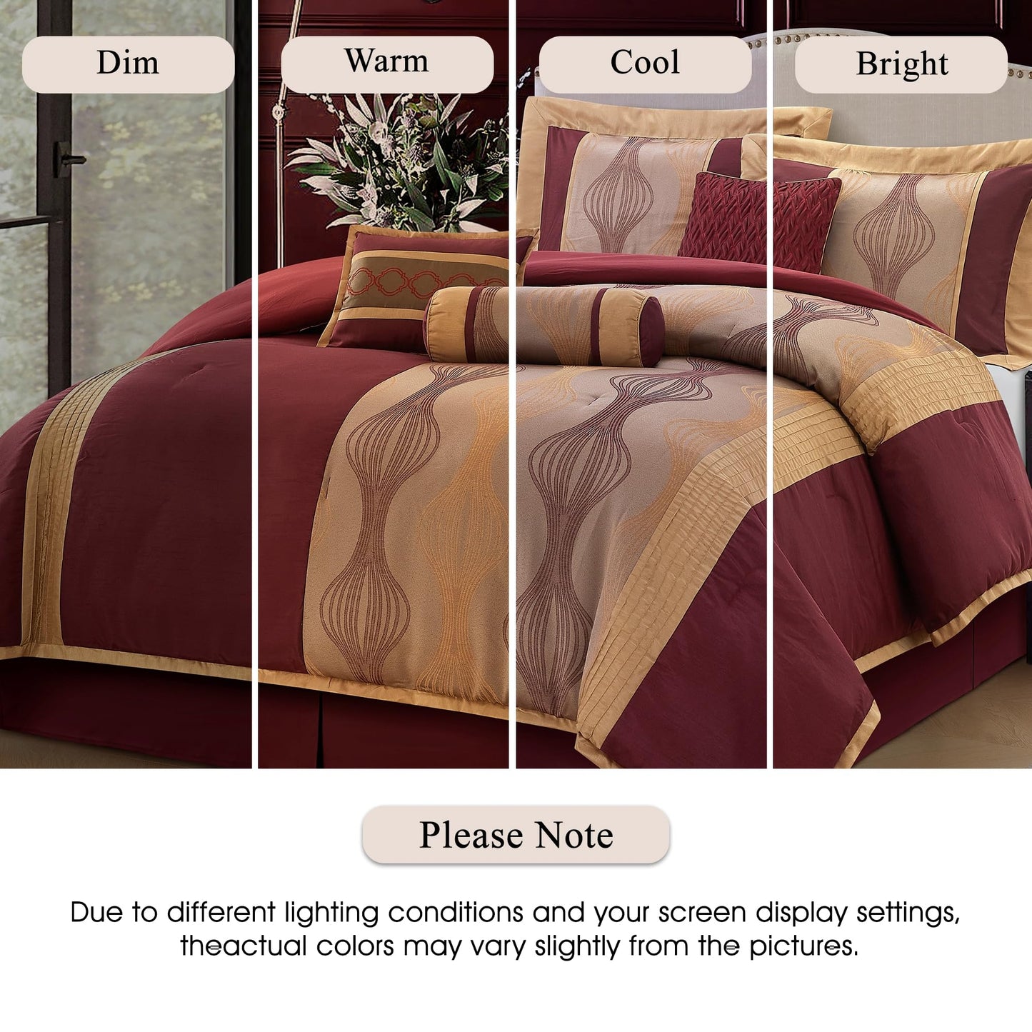 Stratford Park Wine Gold 7 Pieces Lightweight Microfiber Bed-in-a-Bag Comforter Bedding Set, Jacquard Queen Comforter Set, All Season Bedroom Home Décor