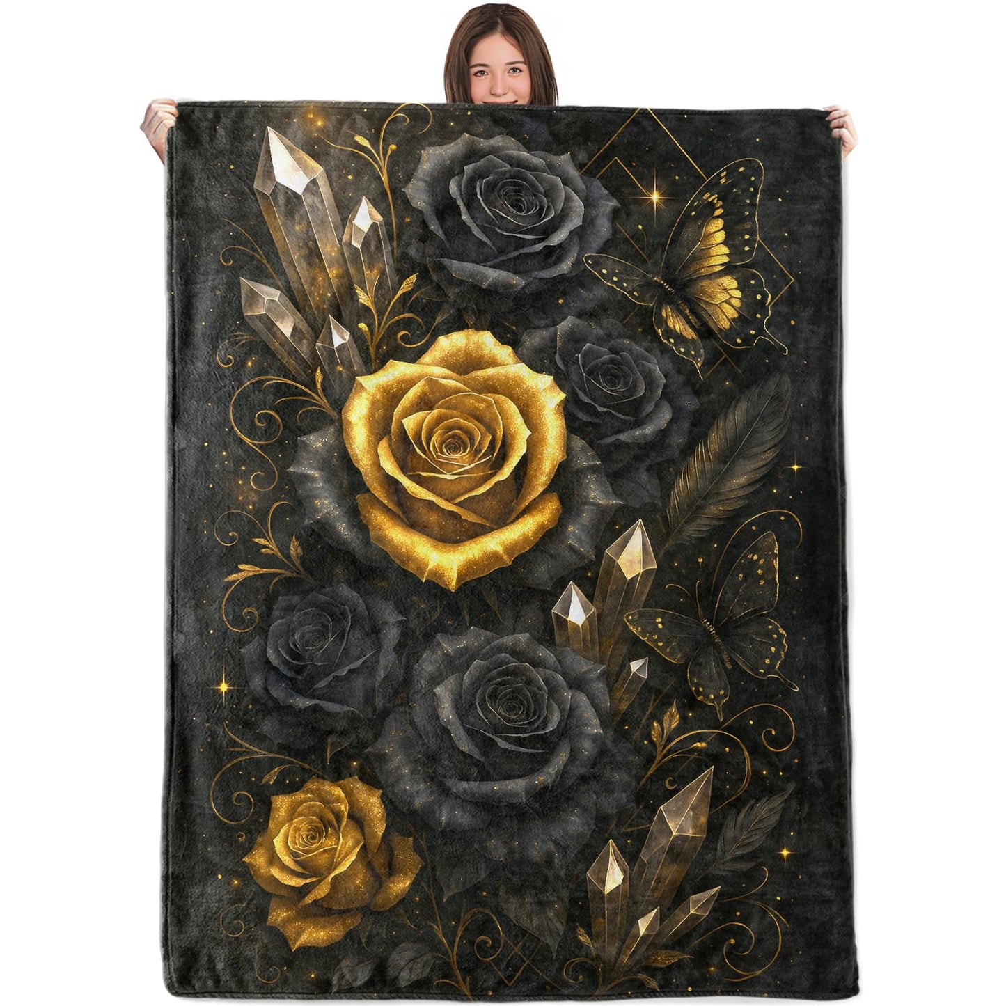 WKEDIN Gothic Black and Gold Rose Blanket,50x60in,Cozy Flannel Throw with Elegant Dark Floral Crystals and Butterfly Design,Soft Lightweight Gifts Blankets for Girls Women,Sofa Bed Travel Decor