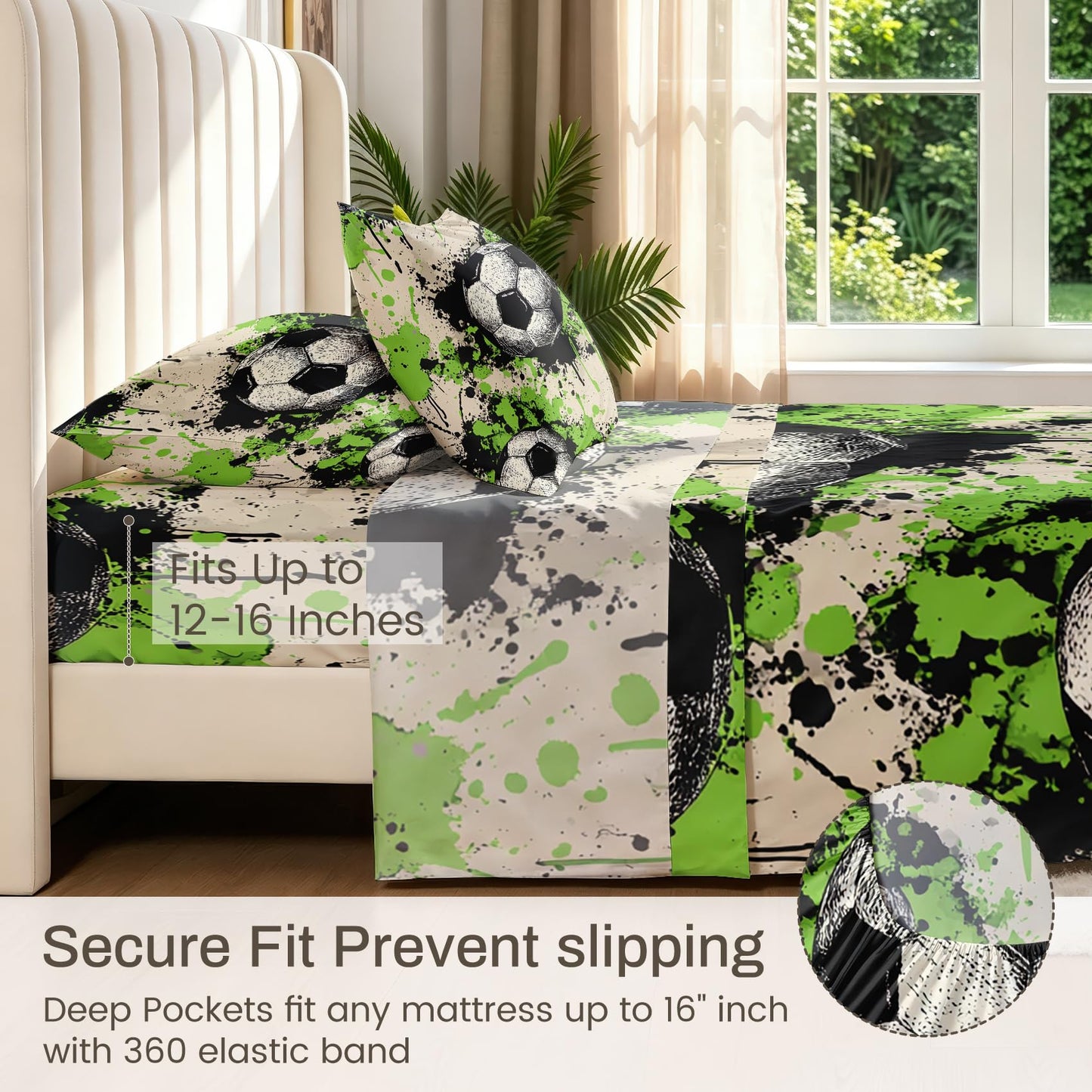 Graffiti Soceer Sheet Set, 4 Pcs Queen Size Boys Bed Sheets, Beige