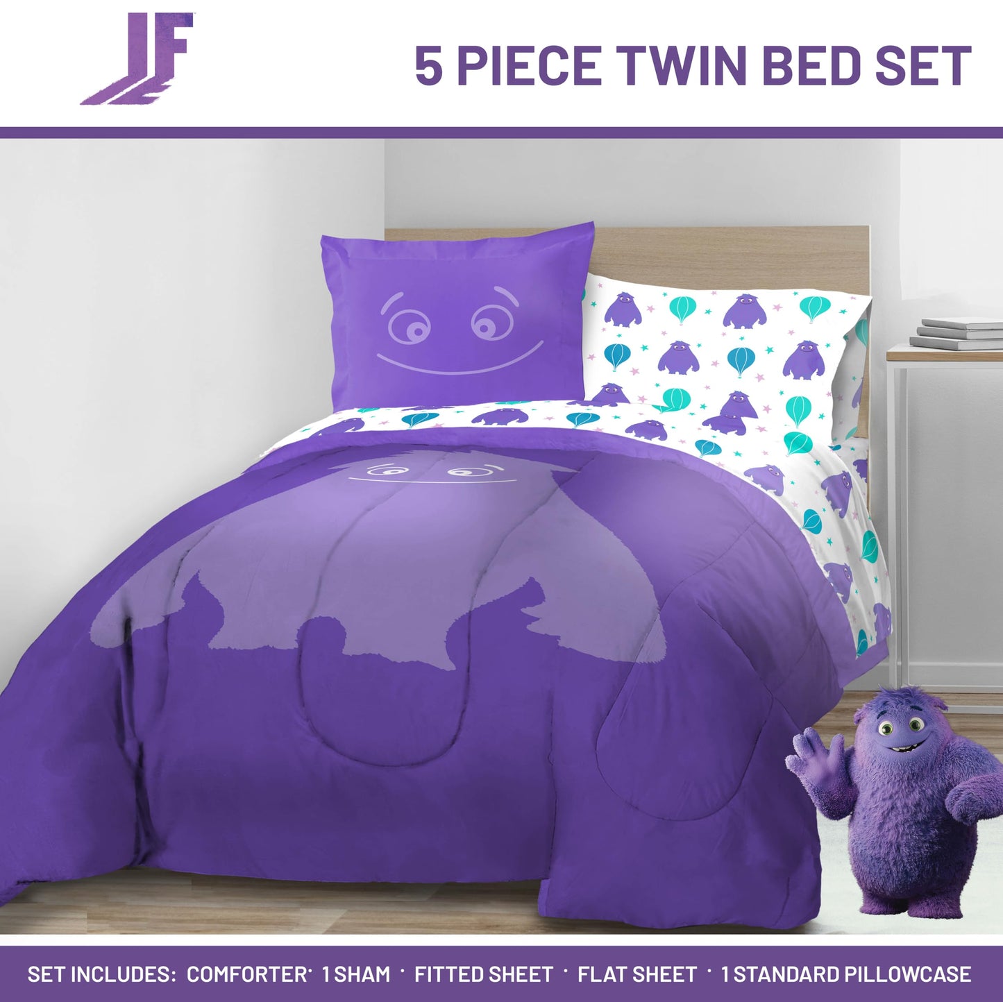 Jay Franco IF Imaginary Friends Twin Comforter Set - Purple 5 Piece Bed Set Includes Sheet Set & Pillow Covers - Super Soft Kids Bedding Features Blue
