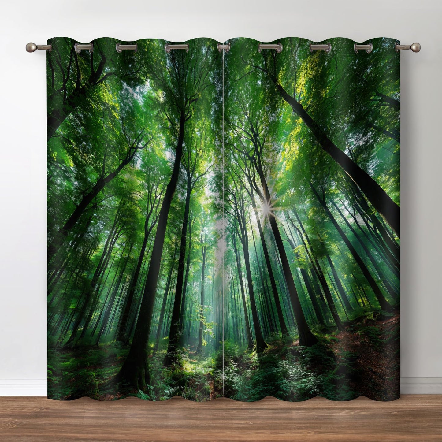 Jekeno Forest Blackout Curtains 84 Inch Length Deep Green Tall Trees Landscape Print Room Darkening Grommet Drapes for Living Room Bedroom Woodland Cabin 2 Panels Set (52x84 Inch)