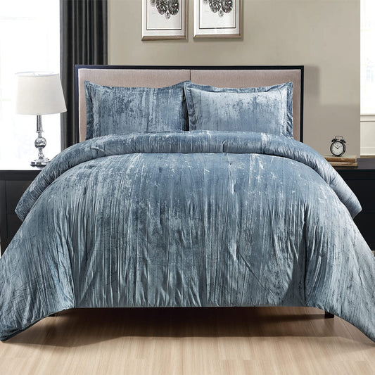 Fredsure Crinkle Velvet Comforter Set, 3 Pieces Blue Queen, Crinkle Velvet Face and Brushed Microfiber Reverse, with Light Poly Fill
