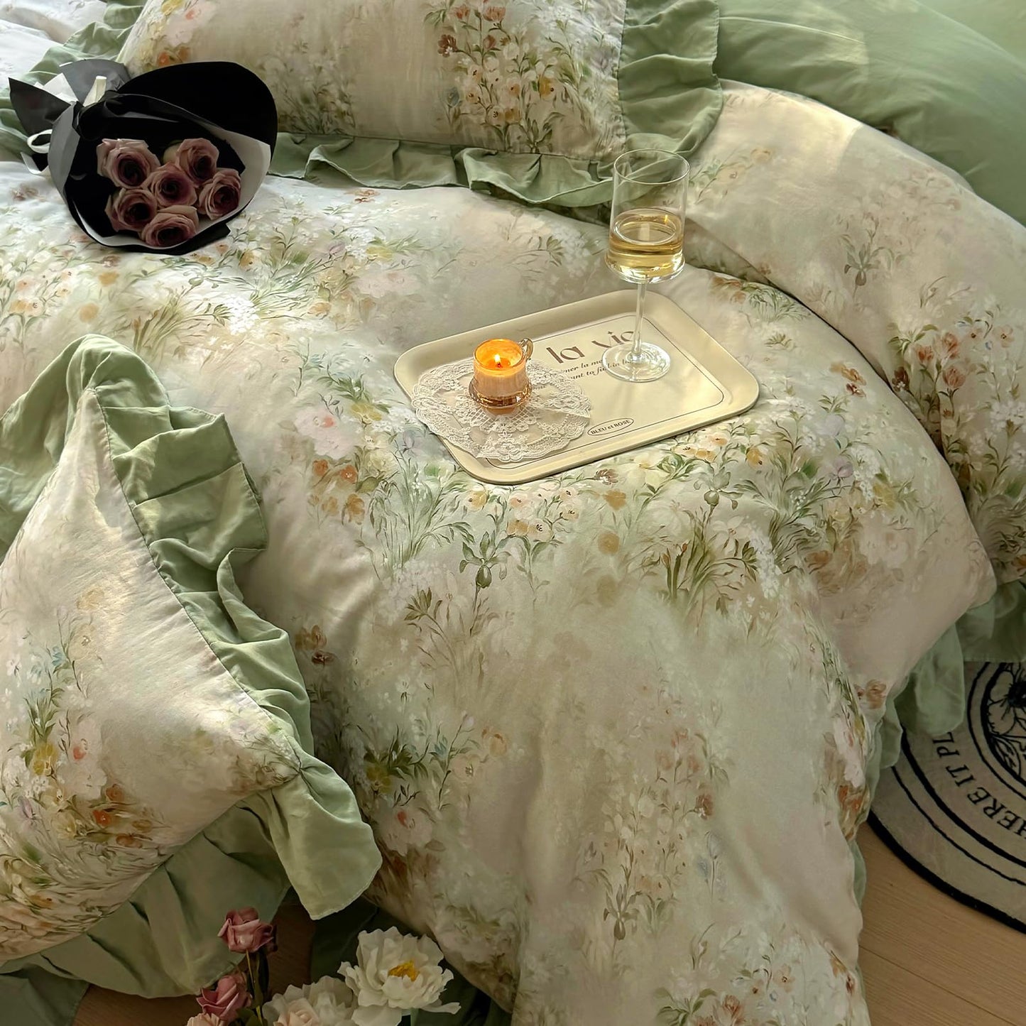 VM VOUGEMARKET Flower Duvet Cover Set, Sage Green Ruffled, Queen 90x90