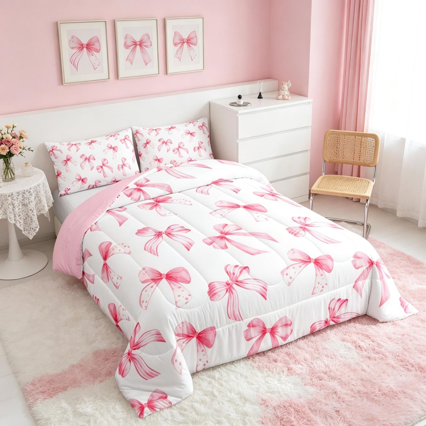 Feelyou Kawaii Pink Bow Bedding Set for Kids Boys Girls Twin Size Cute Dreamy Princess Style Comforter Set Ultra Soft Bow Pattern Comforter Cute Coquette Bow Knot Duvet Quilt Bedroom Decor Quilt