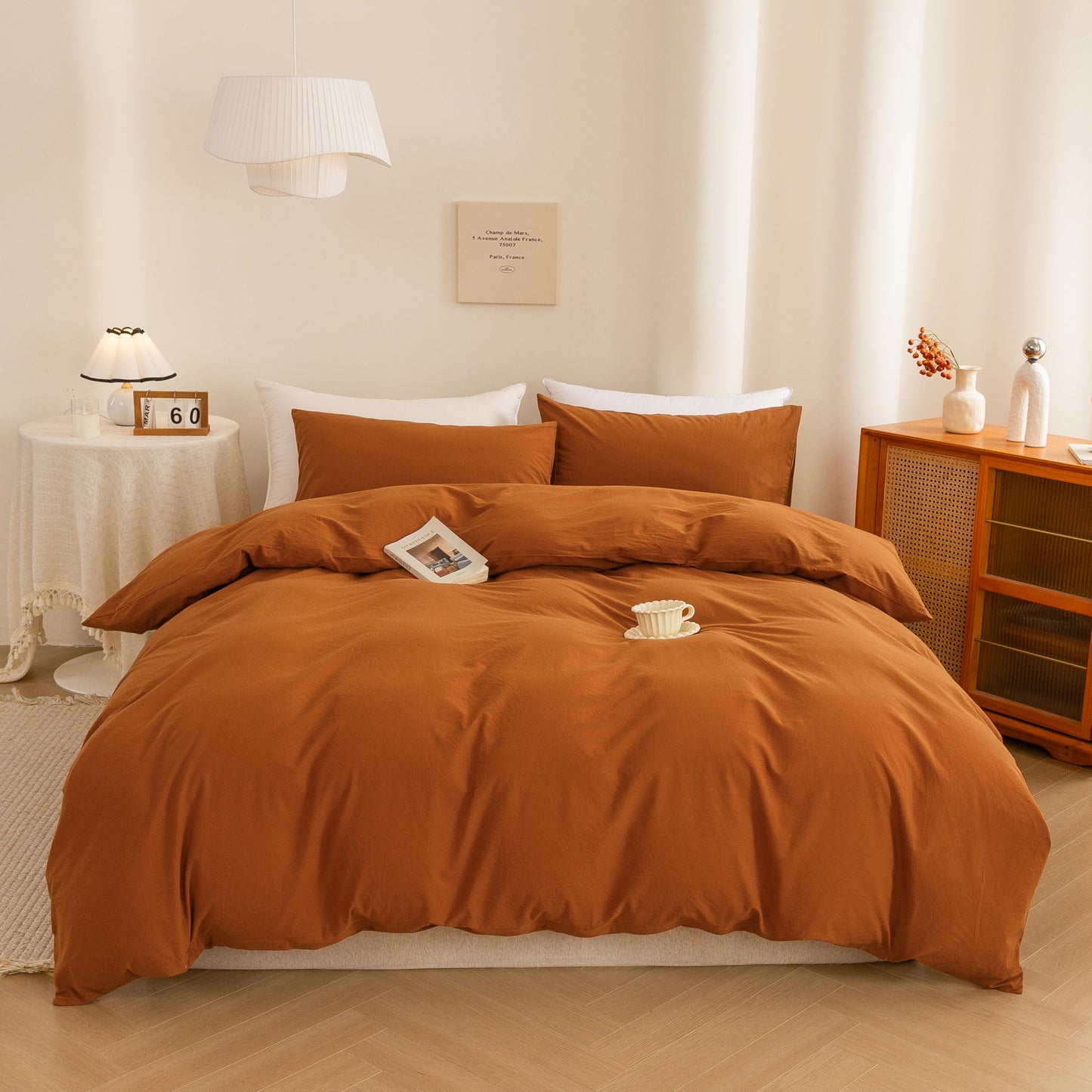 ECOCOTT Orange Duvet Cover Queen Size, 3 Piece 100% Washed Cotton 1 Duvet Cover with Zipper and 2 Pillowcases, Ultra Soft and Easy Care Breathable Cozy Bedding Set(Orange,Queen)