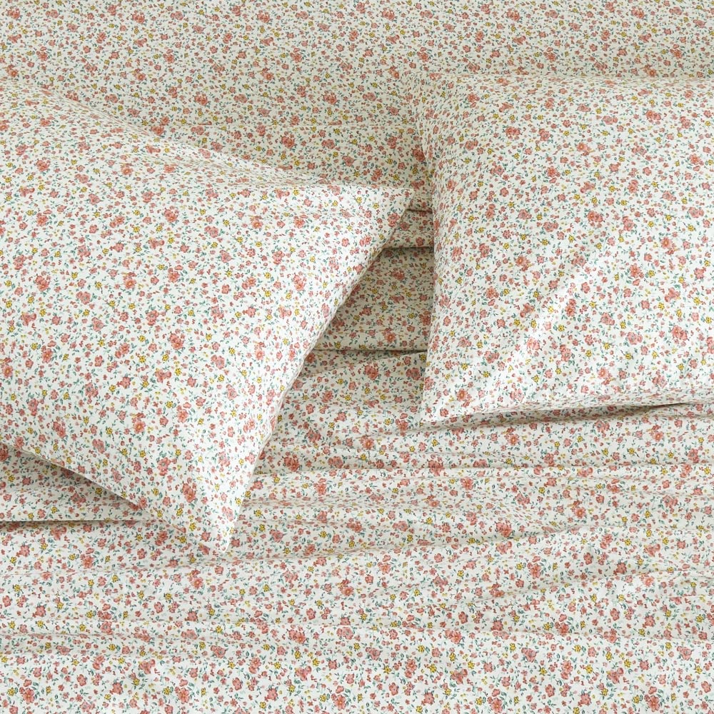 DAUAOTO 100% Cotton Bedding Printed Sheets Set for King Size Bed Up to 14" Deep Mattress, Ditsy Floral Pattern Bedlinen Sets, Pink