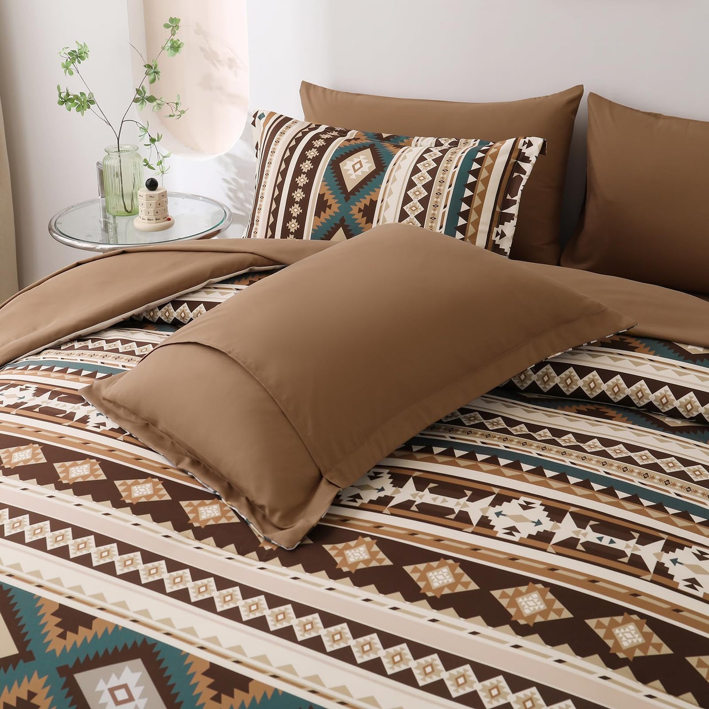 Dinjoy Brown Boho Comforter Set Queen Size,7 Pieces Bed in a Bag Queen Coffee Aztec Bedding Sets with Sheets Bohemian Geometric Striped Complete Set for All Season 90"x90"