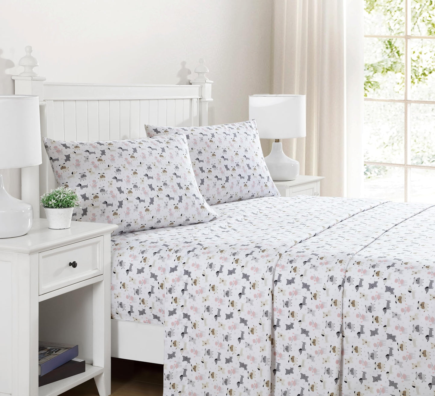 Beatrice Home Fashions Printed Microfiber Sheet Set, Soft Comfortable Easy Care, Includes 1 Fitted Sheet with 12" Deep Pockets, 1 Flat Sheet, Pillowcase, Full, White Puppy Love