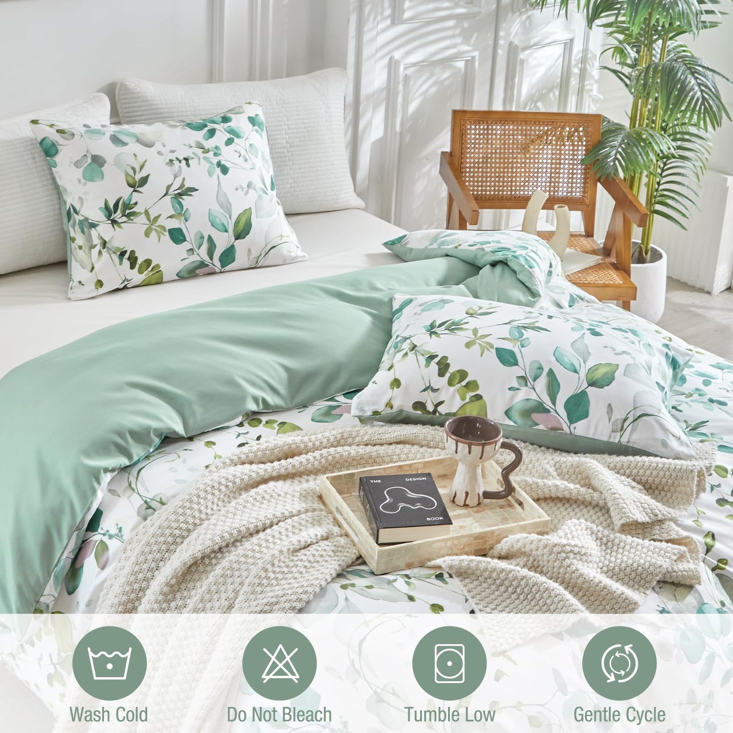 Lekesky Duvet Cover Queen Size, Reversible Botanical Floral Duvet Cover Set with Zipper Closure, 3 Pieces Soft Microfiber Green Bedding Set (1Duvet Cover 90"x90", 2 Pillowcases 20"x26")