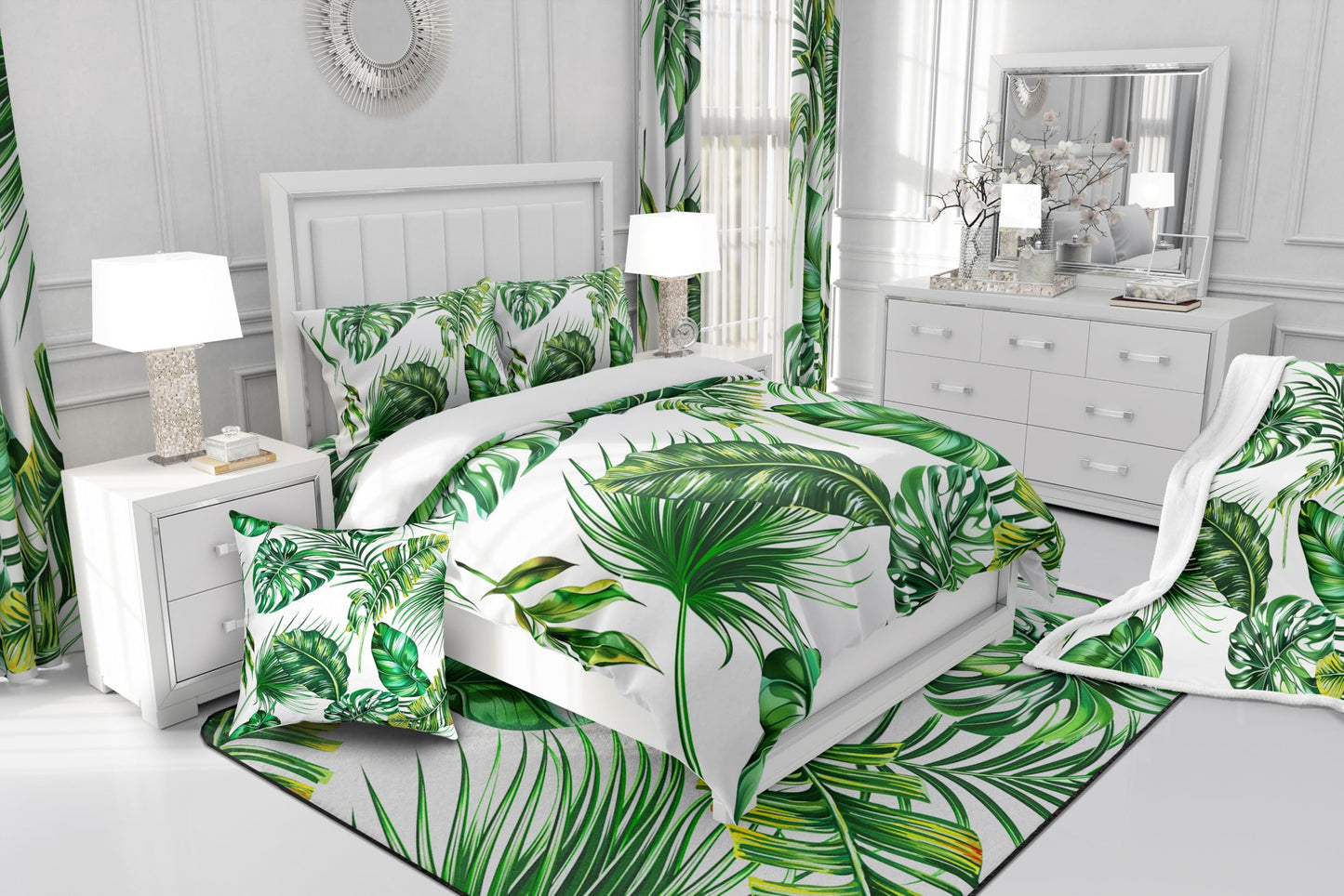 Erosebridal Palm Leaves Comforter Cover Monstera Banana Leaves Duvet Cover Hawaiian Tropical Leaf Bedding Set Green Branches Quilt Cover for Men Women, White 3 Pcs Queen Size