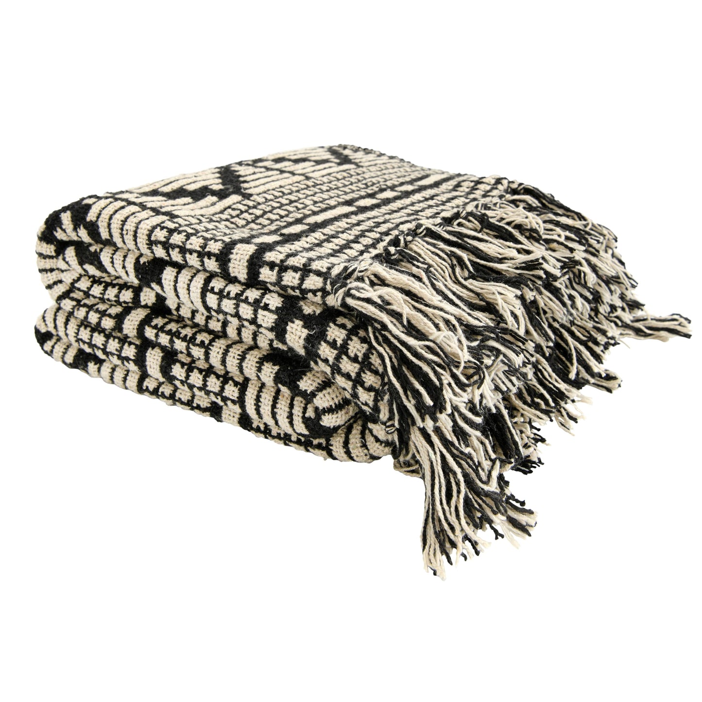 Bloomingville Soft Reclaimed Cotton Blend Throw with Diamond Pattern and Fringe, Black and Beige