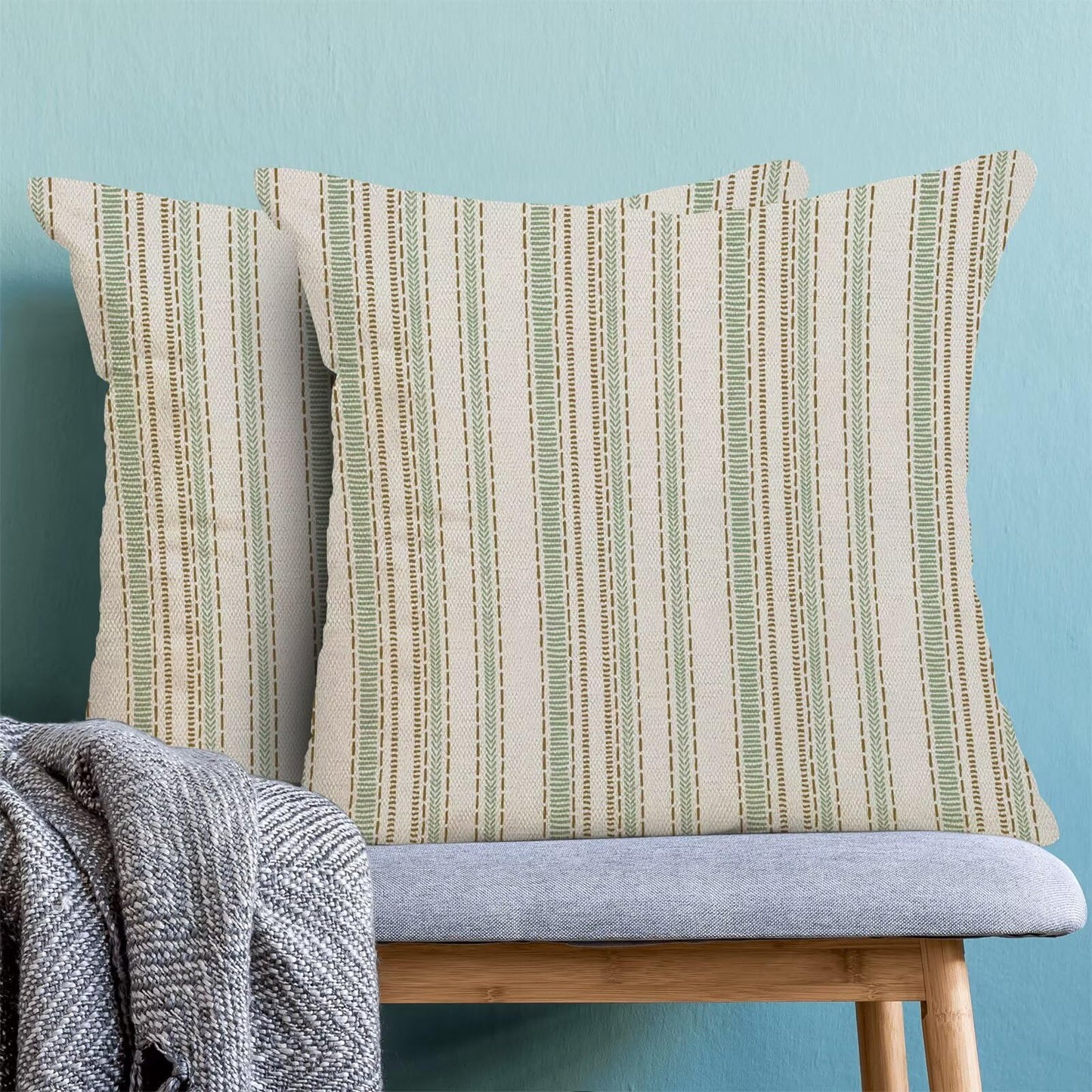 Boho Mid Century Stripe Pillow Covers 18x18 Inch Set of 2, Abstract Brown Green Stripe Decorative Throw Pillowcase Boho line Outdoor farmhouse Cushion Cover for Sofa Couch Bed Living Room Decor