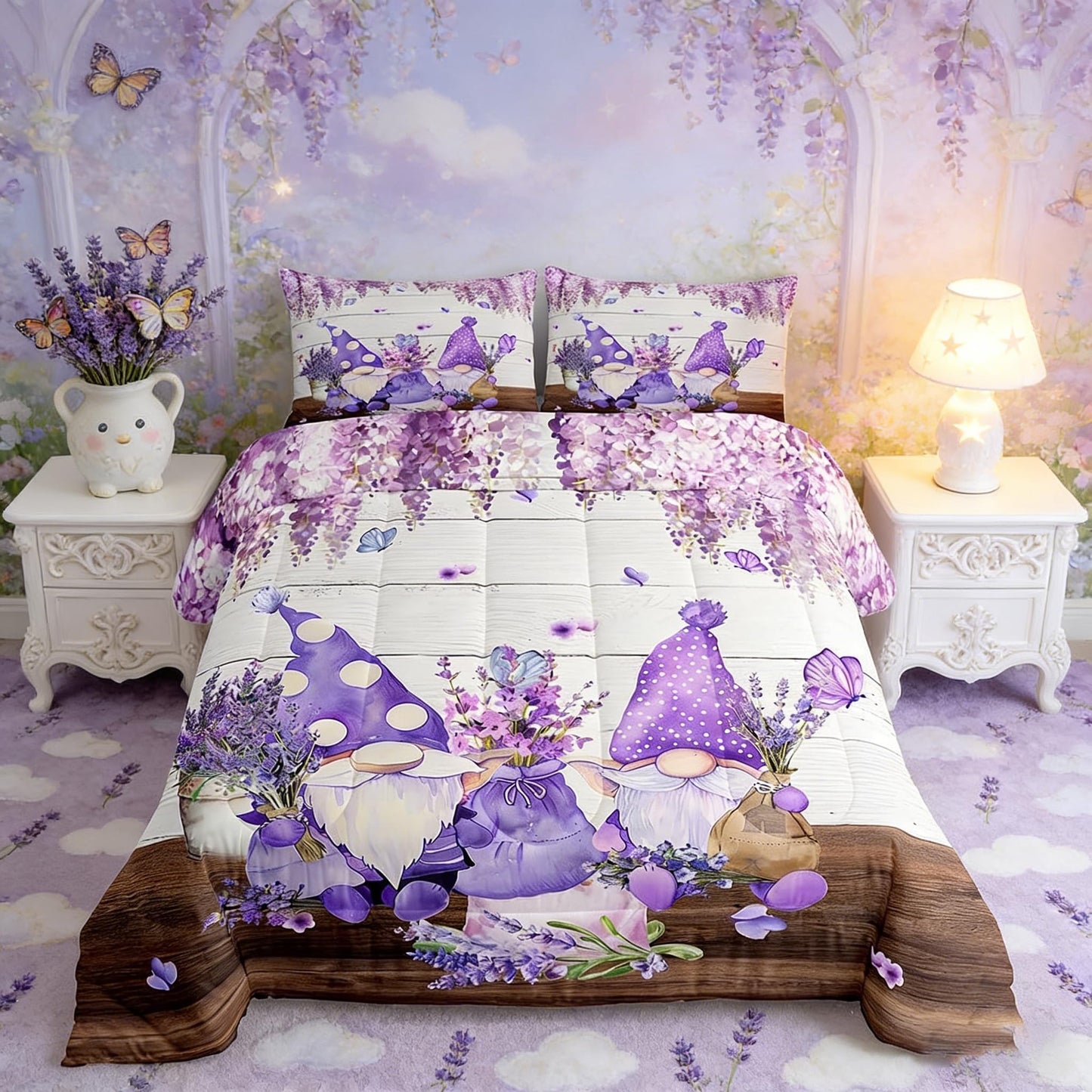 Manfei Cute Gnomes Comforter Set Queen Size, Purple Vine Flower Butterfly Quilt Set with 2 Pillowcases, Lavender Bouquet Bedding Set 3pcs for Kids Boys Girls Grey Wood Plank Duvet Insert