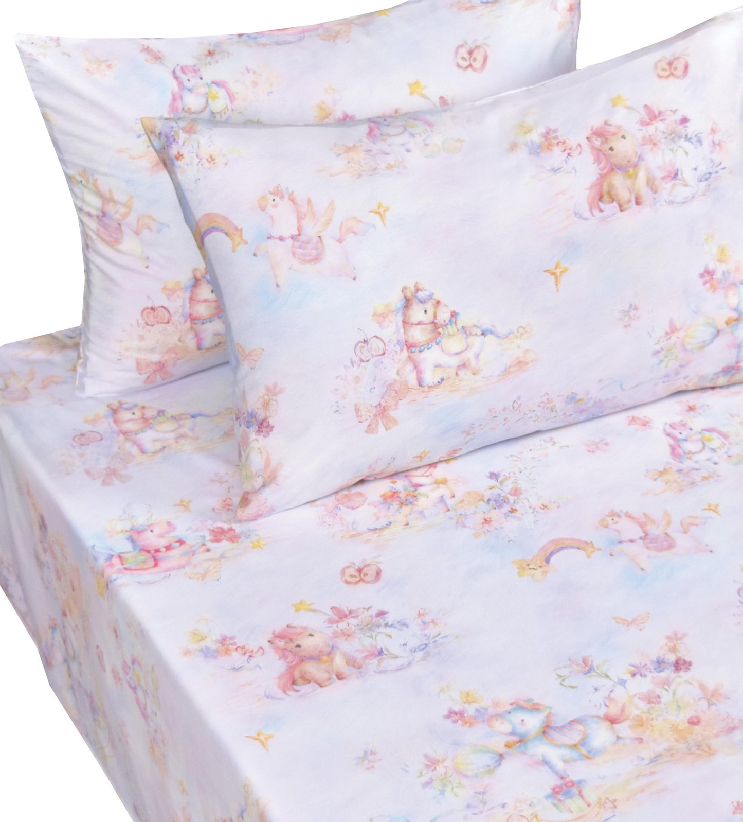 Scientific Sleep Pastel Unicorn Pony Horse Flower Fairy Tale Cute Adorable 100% Cotton Bed Sheet Set Kids Boys Girls Teen, Flat Sheet & Fitted Sheet & Pillowcase Bedding Set (Pretty Pony, Full)
