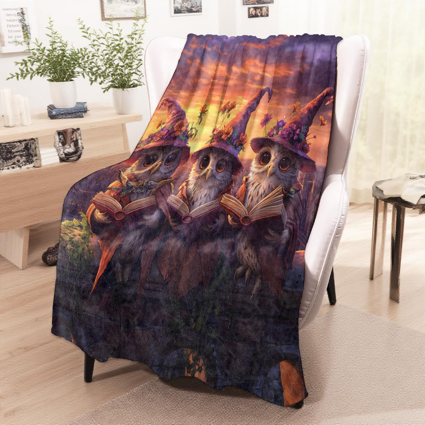wyxdwh Magical Owl Witches Blanket, Cozy Flannel Owls in Witch Hats Throw Blanket for Couch Outdoor, Plush Soft Lightweight Travel Blankets for Bed Decor and Gifts, for Women Men Adults Kids 50"x60"