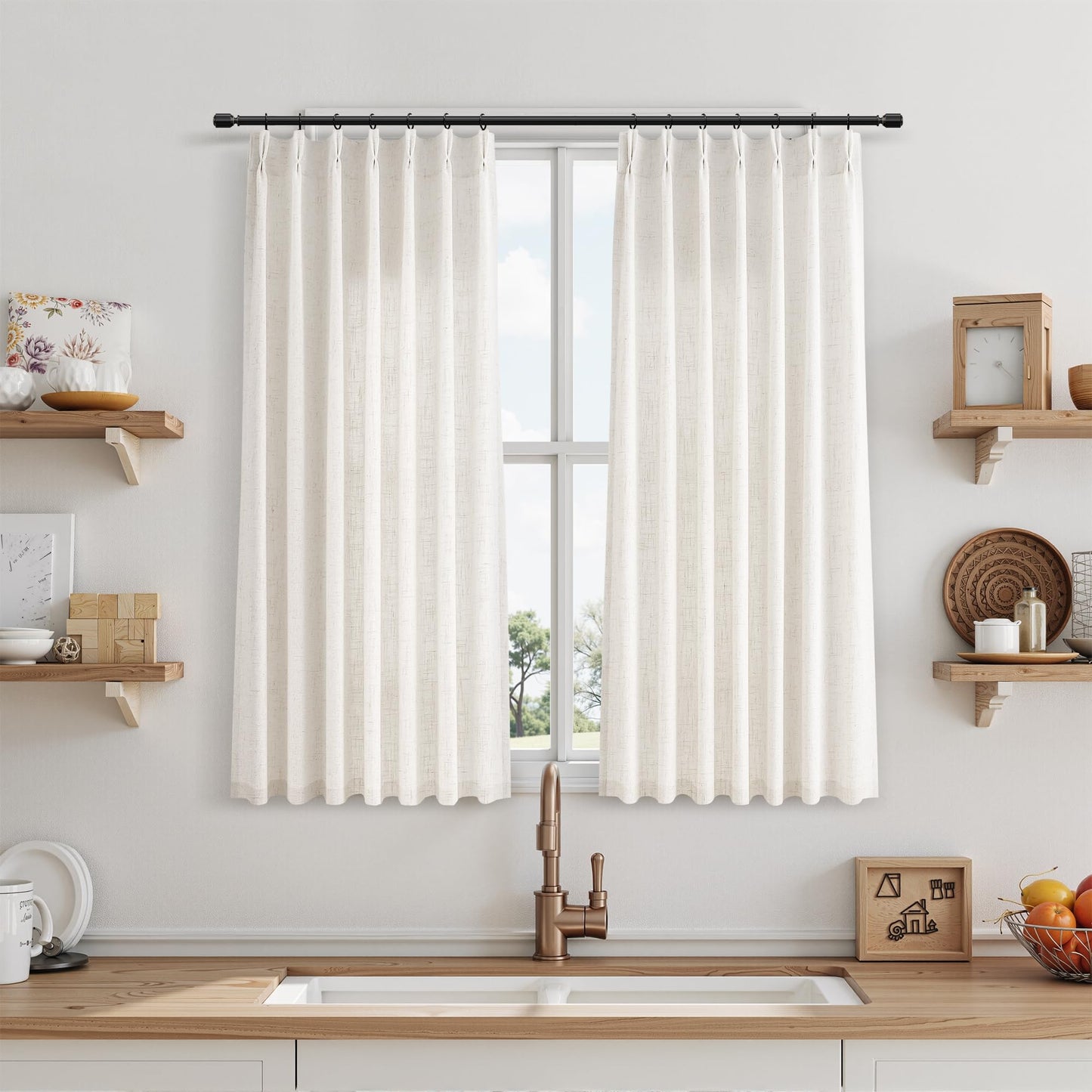 Joywell Kitchen Window Curtains 40 Inch Length - Short Linen Pinch Pleated Drapes 2 Panels, Natural Cream Semi Sheer Light Filtering Privacy Small Curtain with Back Tab Clip Rings 34x40