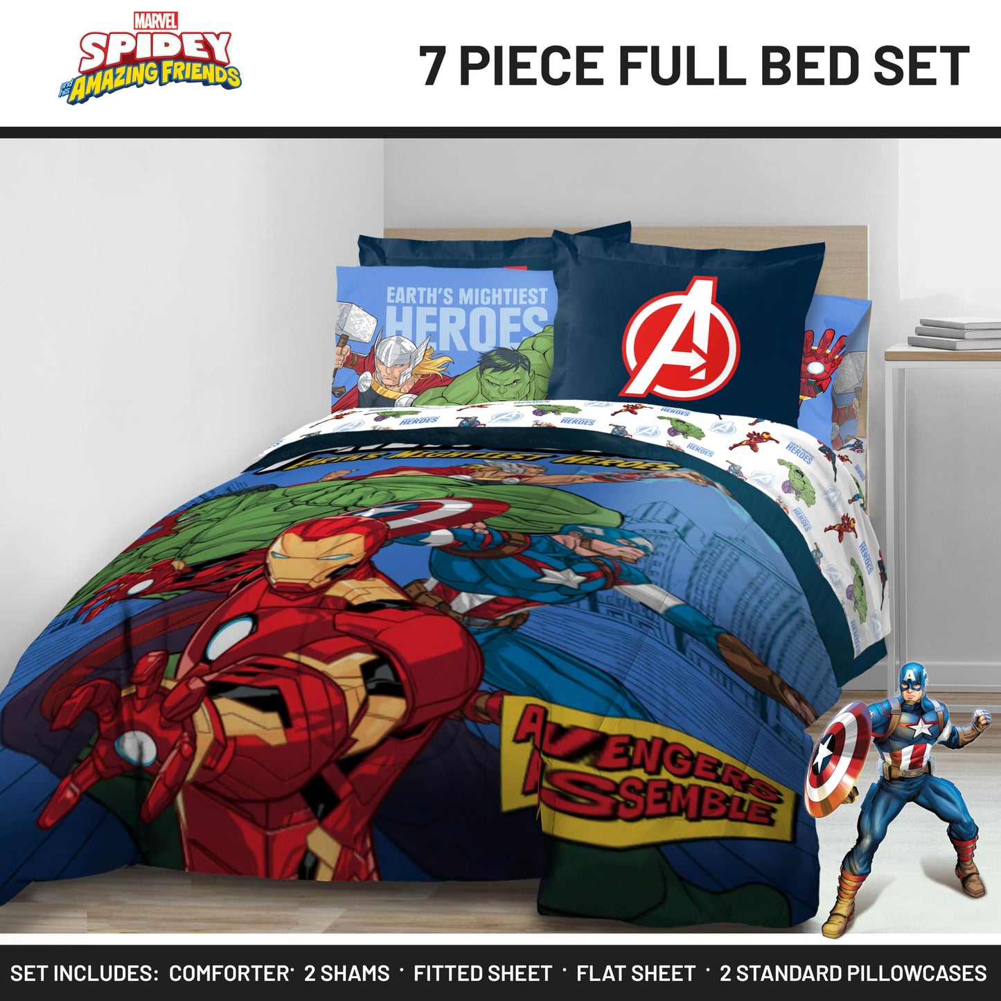 Jay Franco Kids Bed Set, Blue, Avengers, 7 Piece Full