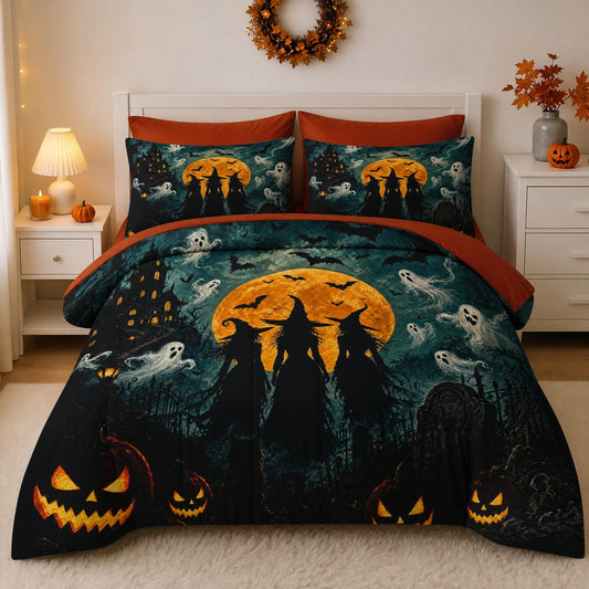 Boewywh Comforter Set Twin Size Halloween Witch Ghost 5 Pcs, Bedding for Kids and Adults, Bed Sheet Sets with Fitted Sheet Pillowcase & Sham for Bedroom Bed Decor
