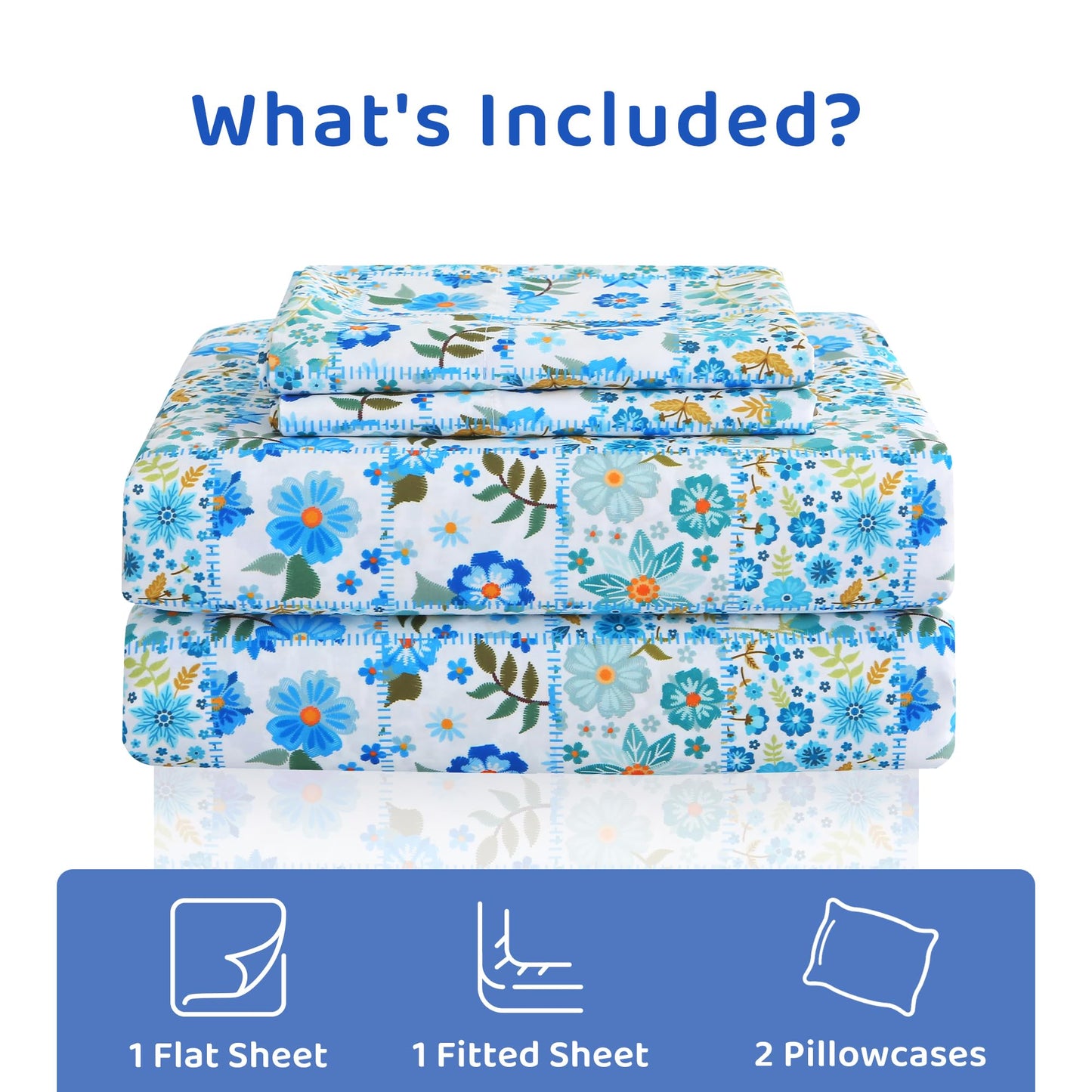 Mooreeke Cozy Pastoral Microfiber Printed Full Sheet Set - Soft & Breathable Blue Green Floral Patchwork Bed Sheets with Extra Deep Pocket - Non-Slip Fitted Design - Floral Patchwork Pattern - Full