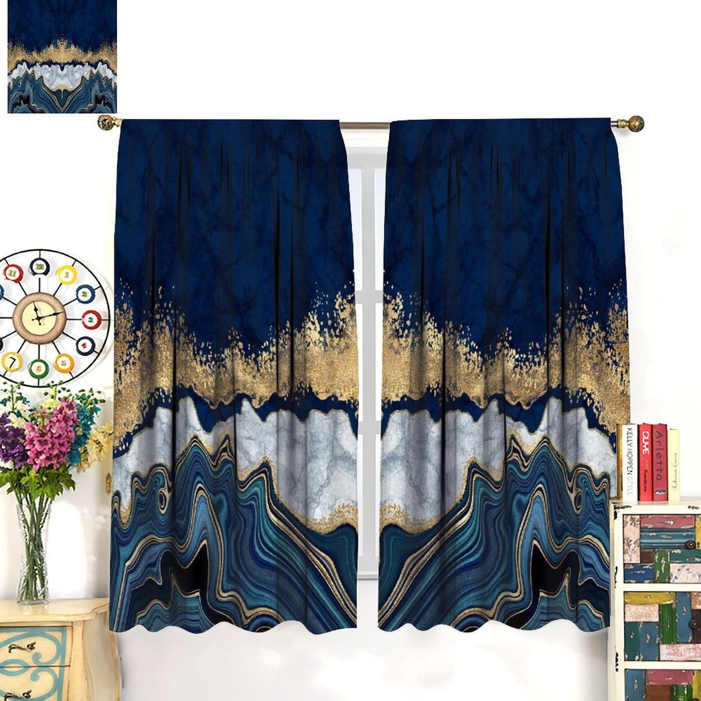 Djaby Blue Marble Curtains, Modern Luxury Gold Texture Window Curtains Drapes for Bedroom Living Room Home 42" W X 45" L(No Blackout)