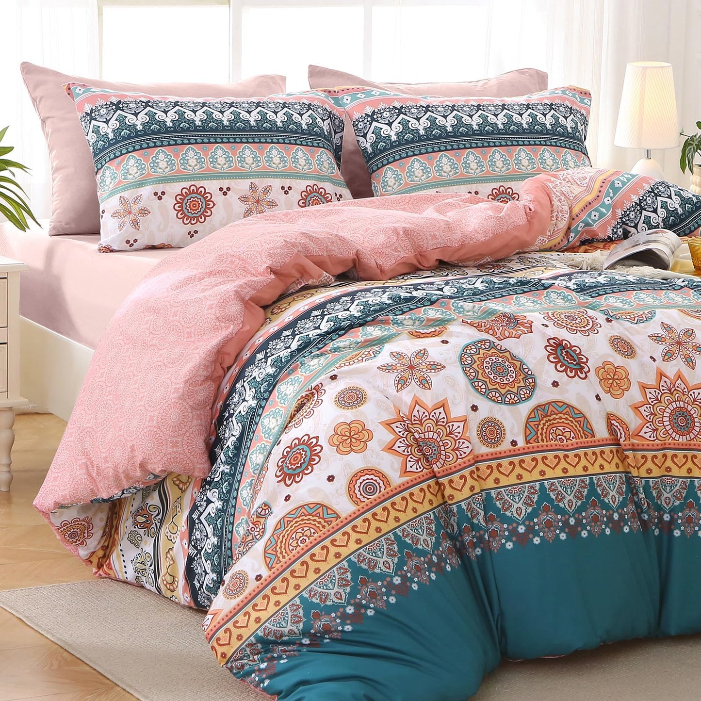 MUXHOMO Bed in a Bag Queen 7 Pieces, Queen Comforter Set Reversible Bohemian Botanical Flowers Design, Ultra Soft & Breathable Bedding Sets with Comforter, Sheets, Pillowcases & Shams
