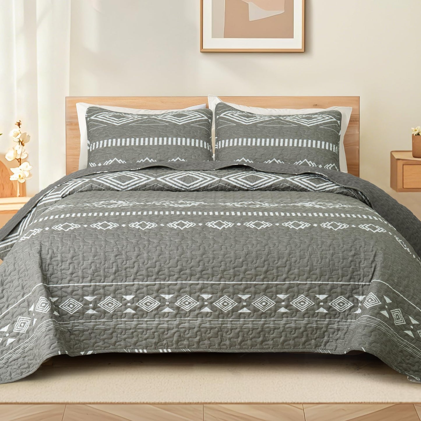 Whale Flotilla Full Queen Size Quilt Set - Reversible Grey Quilts Queen Size with 2 Pillow Shams, Lightweight Boho Striped Bedspreads Coverlet Bedding Set for All Seasons
