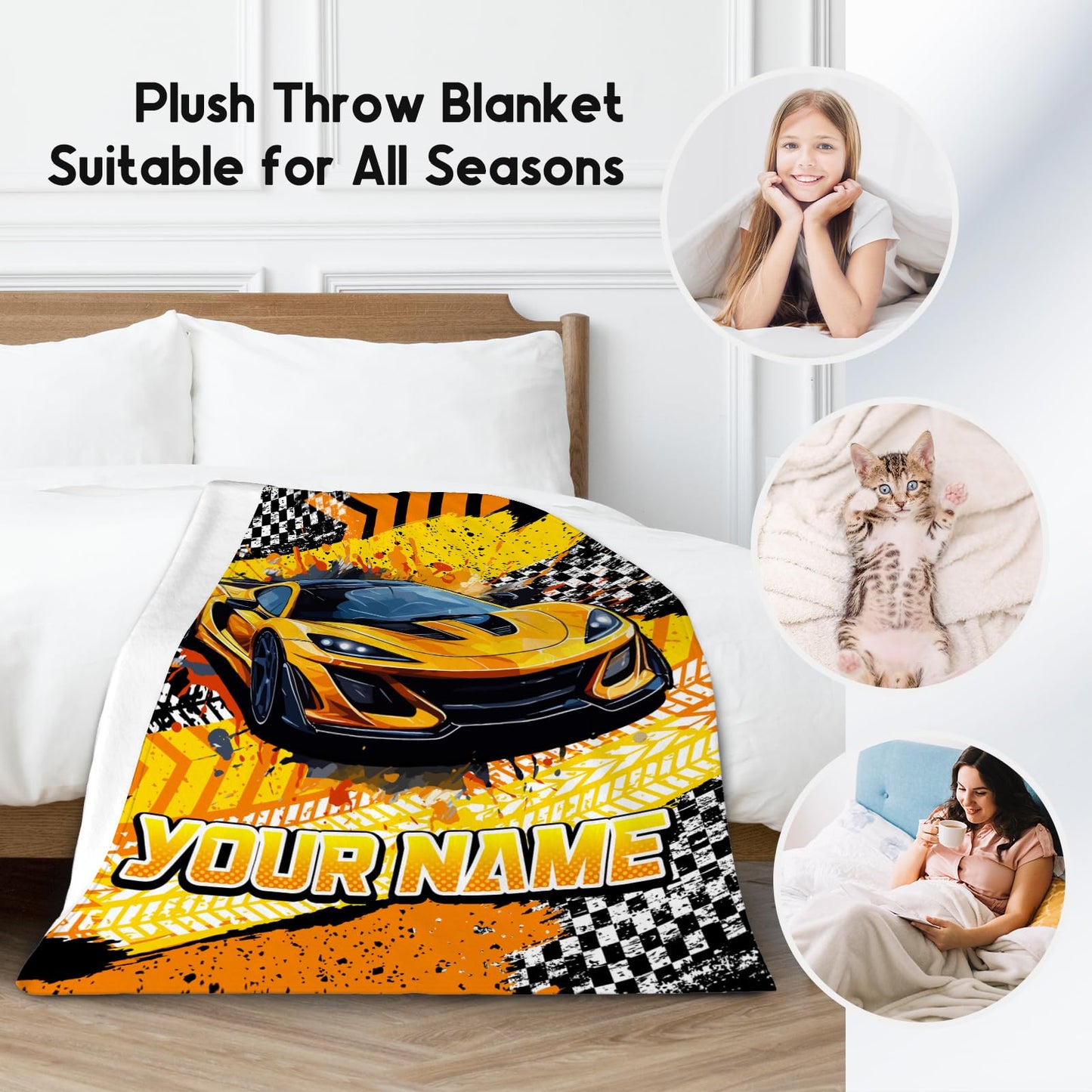 AIOMXZZ Boys Blanket, Personalized Racing Car Blankets Gifts for Kids Toddler, Sports Throws with Car for Bedding Room, 4 Size
