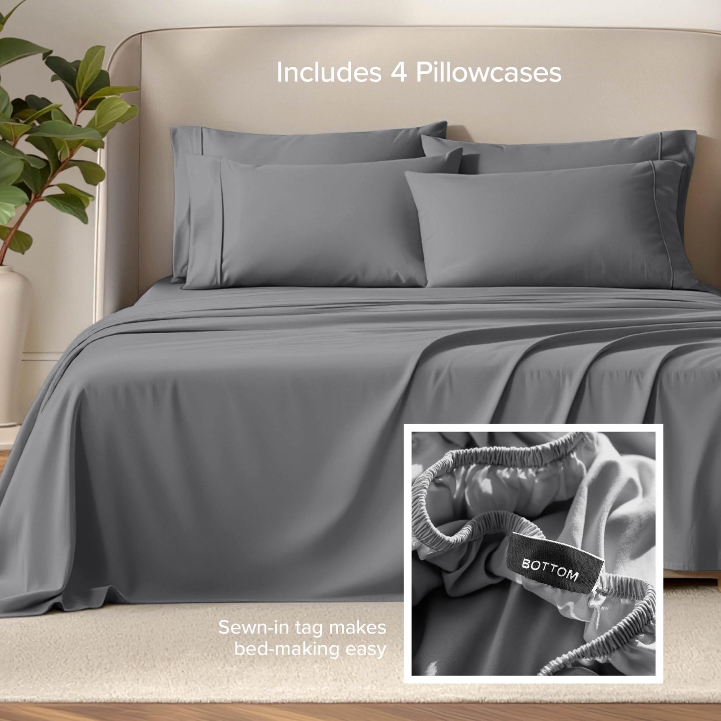 Bare Home Hotel Luxury Queen Sheet Set, Extra Soft - 6 Piece Set - Deep Pockets - Easy Fit - Cooling & Breathable - Wrinkle, Fade, Stain Resistant - Includes 4 Pillowcases (Queen, Grey)