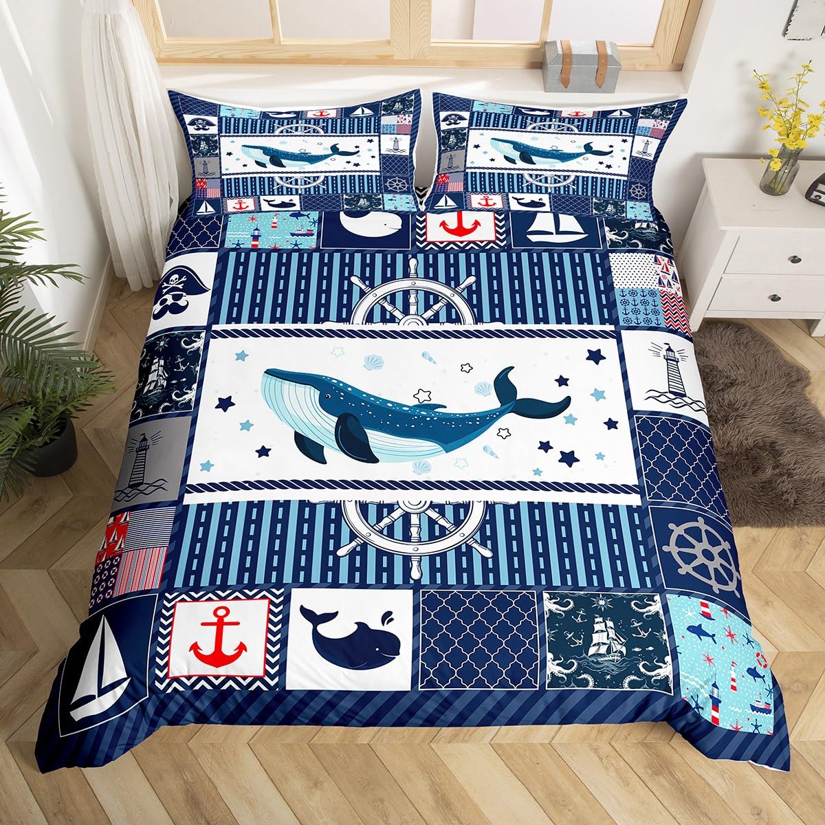 Homewish Sea Whale Duvet Cover Set Full Size,Nautical Anchor Ship Rudder Plaid Comforter Cover with 2 Pillowcases,Navy Blue Ocean Geometric Breathable Bedspread for Boys Teens,Pillow Sham